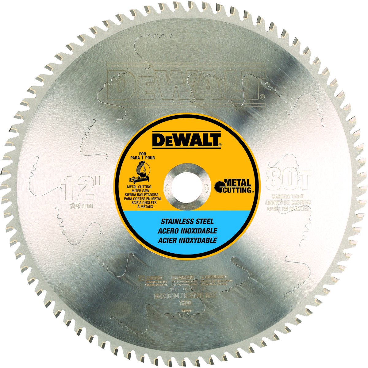 DeWALT® DWA7739 Stationary Circular Saw Blade, 12 in Dia x 0.068 in THK, 1 in Arbor, Stainless Steel Blade, 80 Teeth