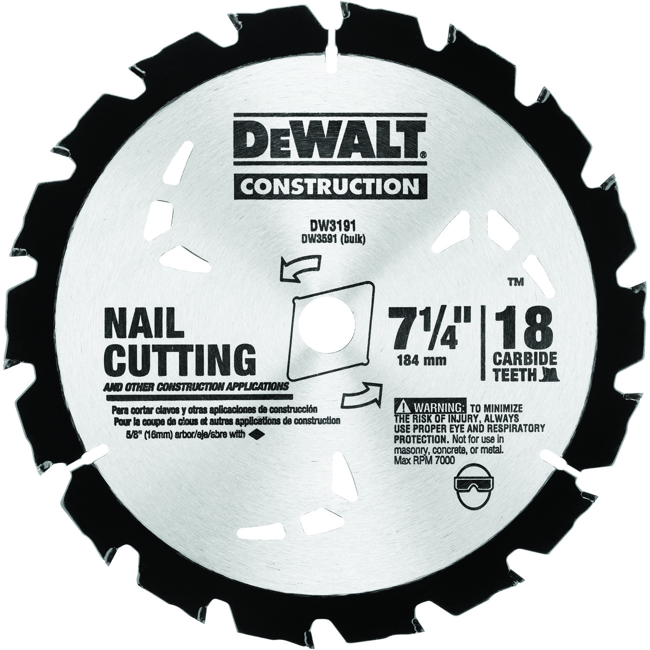 DeWALT® Guaranteed Tough® DW3591B10 Portable Small Diameter Thin Kerf Circular Saw Blade, 7-1/4 in Dia x 0.045 in THK, 5/8 in Arbor, Carbide Blade, 18 Teeth