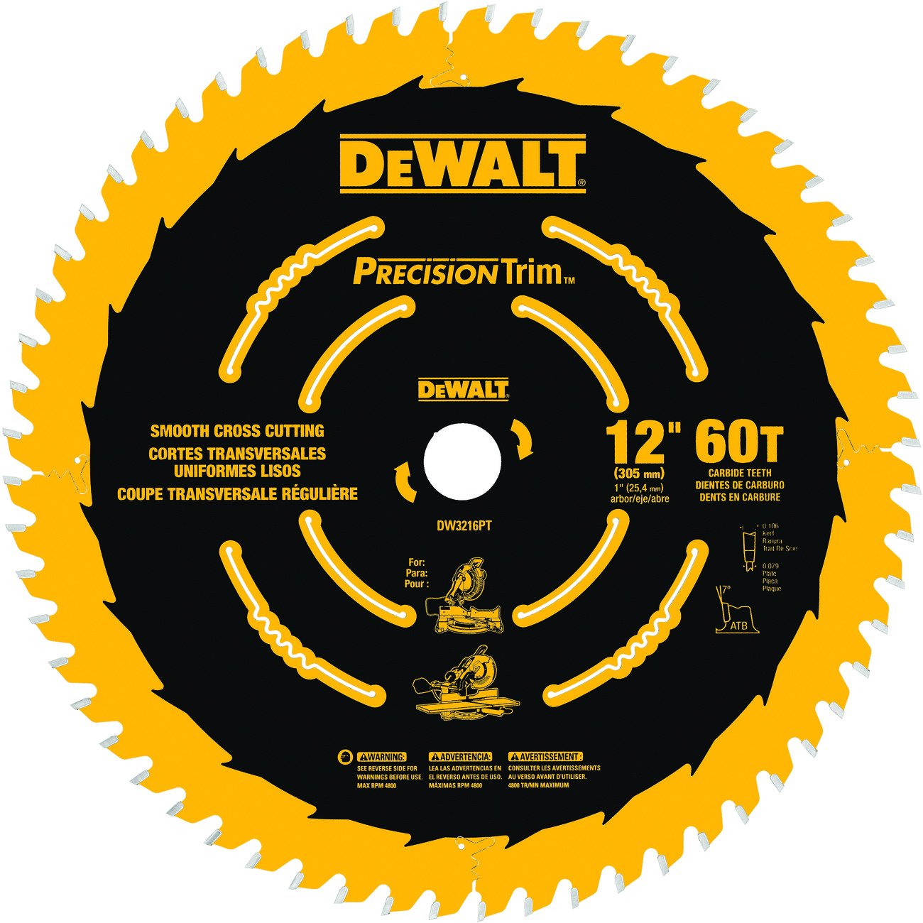DeWALT® DW3216PT Circular Saw Blade, 12 in Dia x 0.079 in THK, 1 in Arbor, Carbide Blade, 60 Teeth