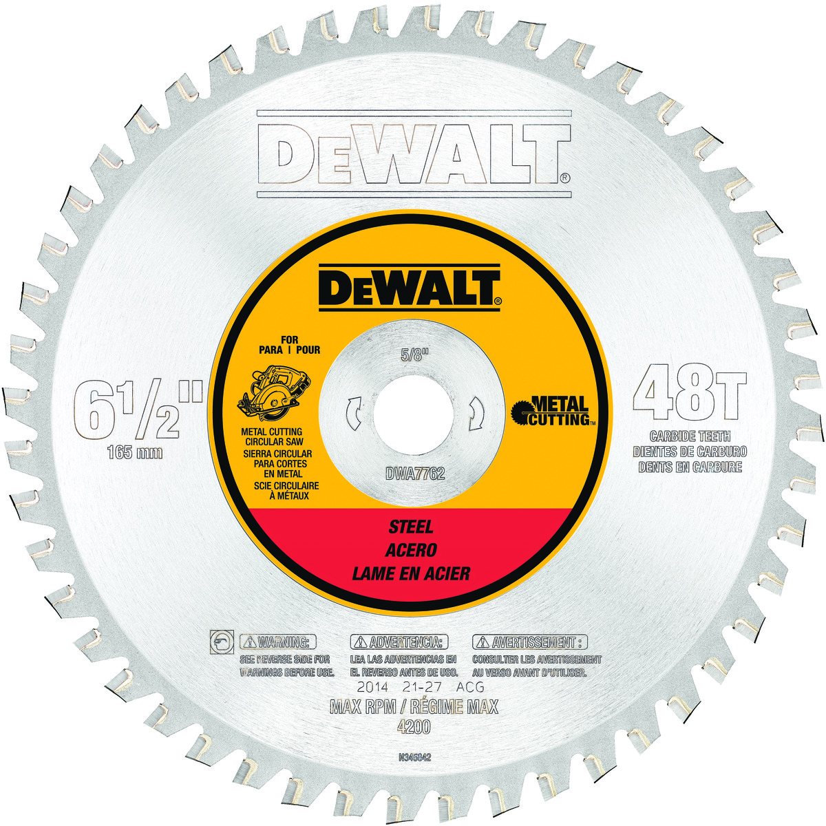 DeWALT® DWA7762 General Purpose Circular Saw Blade, 6-1/2 in Dia x 0.047 in THK, 5/8 in Arbor, Steel Blade, 48 Teeth