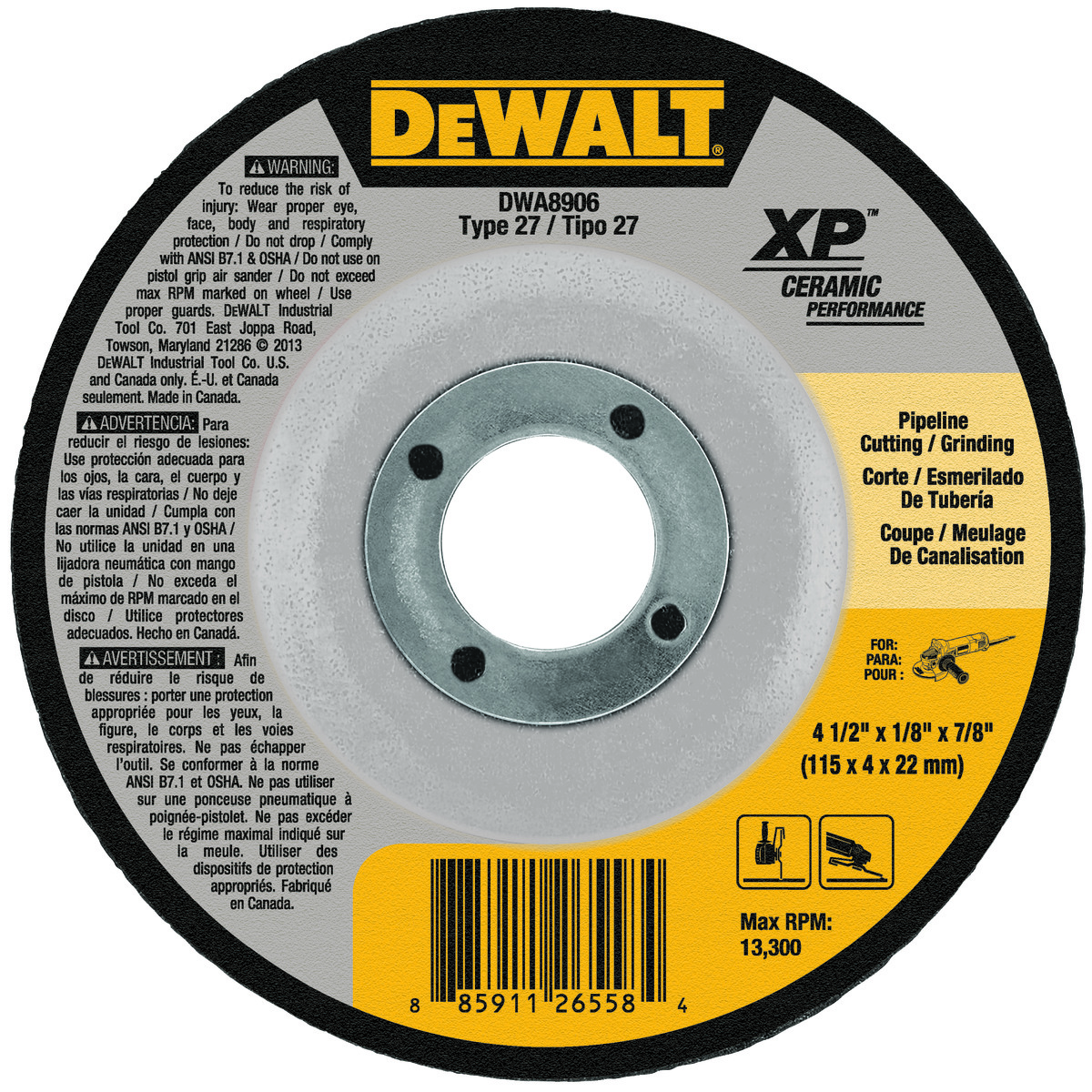 DeWALT® XP® DWA8906 Depressed Center Wheel, 4-1/2 in Dia x 1/8 in THK, 7/8 in Center Hole, SG24N Grit, Ceramic Abrasive