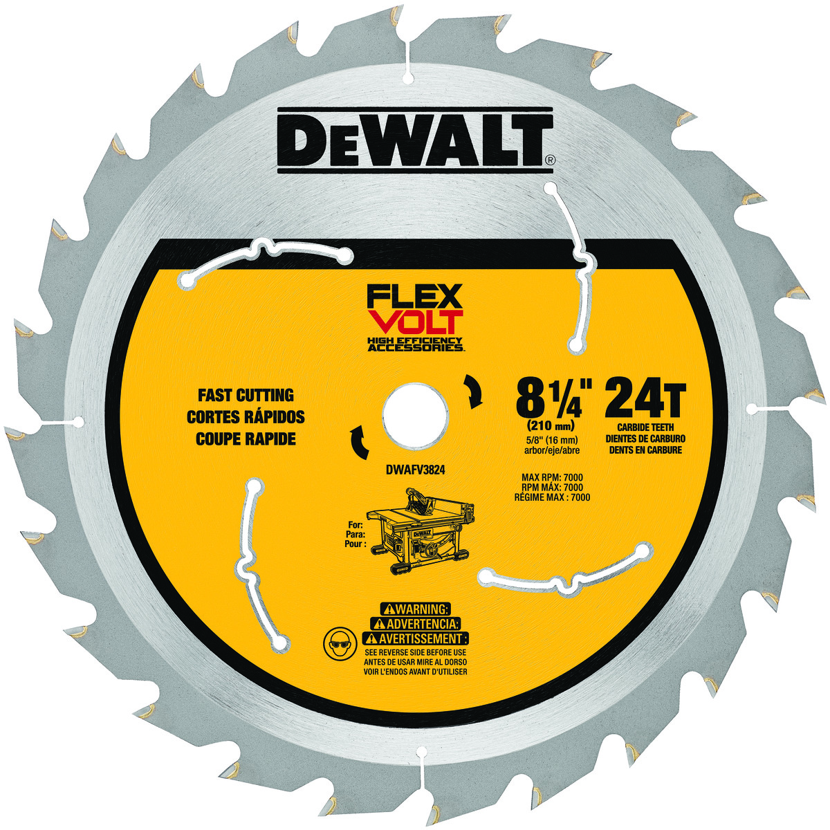 DeWALT® FLEXVOLT™ DWAFV3824 FLEXVOLT™ Table Saw Blade, 8-1/4 in Dia x 0.049 in THK, 5/8 in Arbor, 24 Teeth