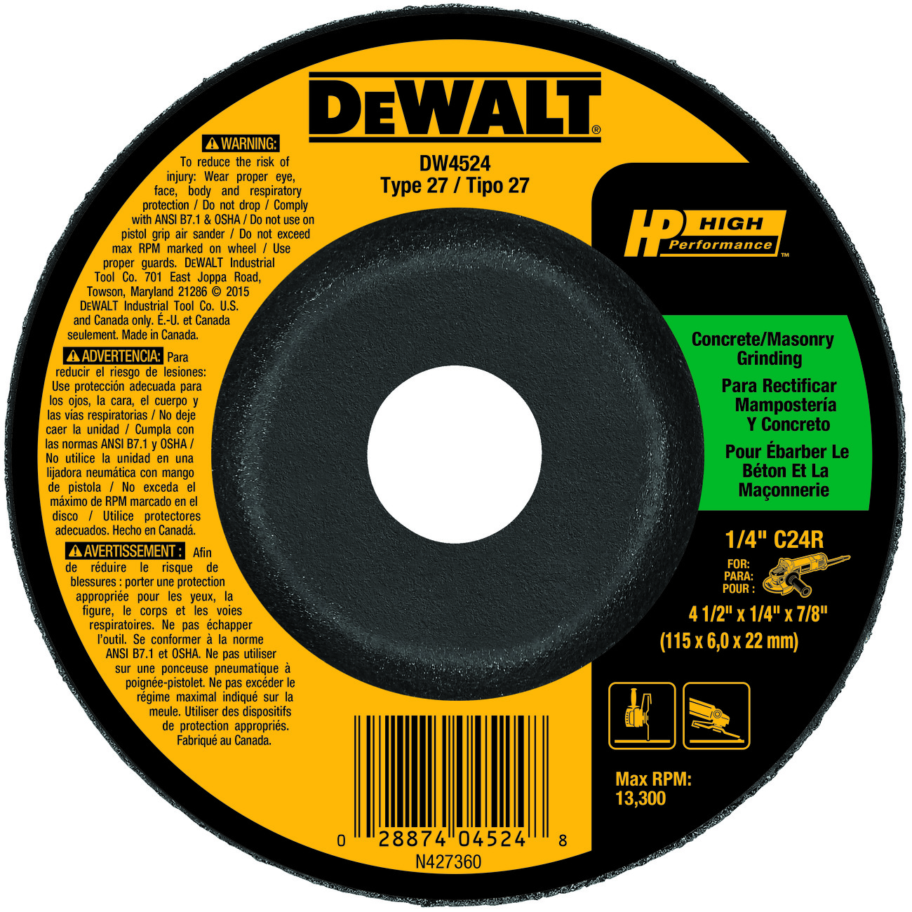 DeWALT® High Performance™ Guaranteed Tough® DW4524 Flat Depressed Center Grinding Wheel, 4-1/2 in Dia x 1/4 in THK, 7/8 in Center Hole, 24 Grit, Silicon Carbide Abrasive