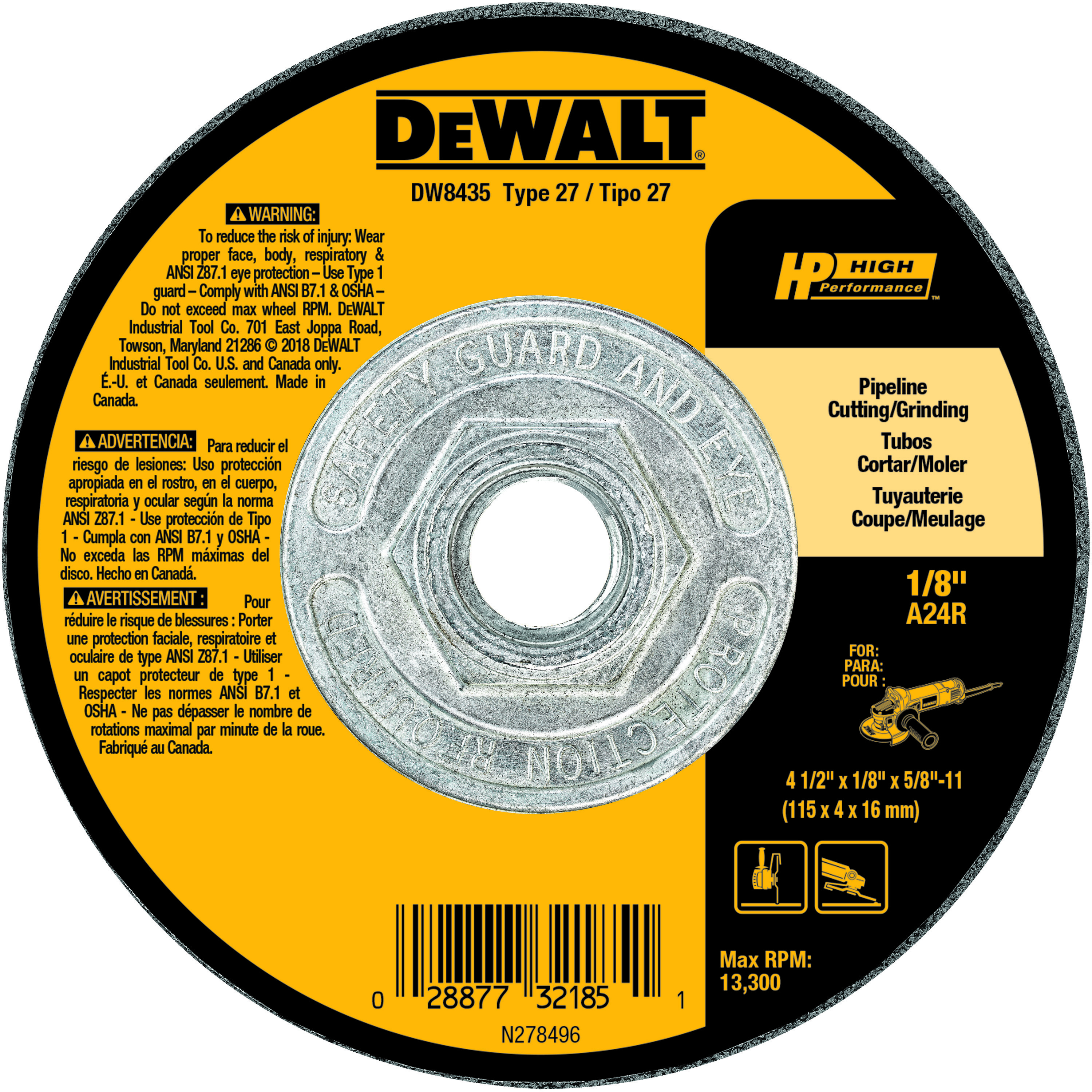 DeWALT® High Performance™ Guaranteed Tough® DW8435 Flat Depressed Center Grinding Wheel, 4-1/2 in Dia x 1/8 in THK, 24 Grit, Aluminum Oxide Abrasive