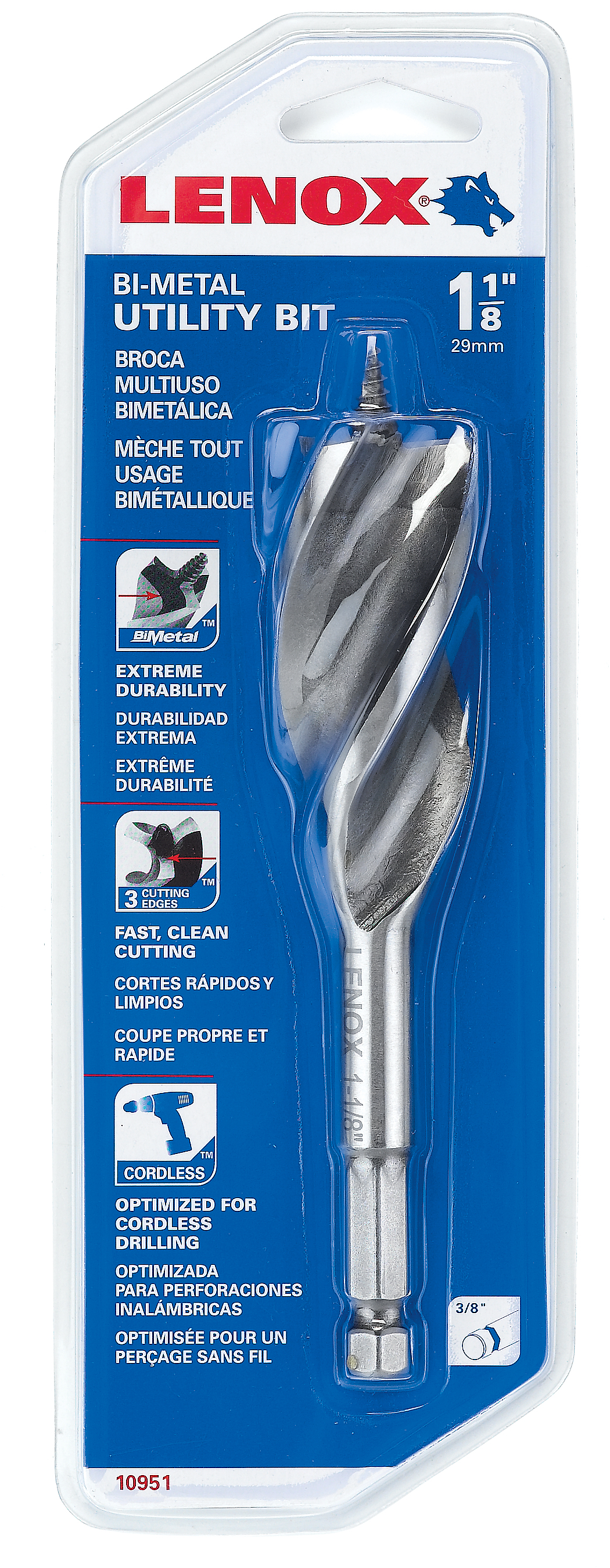 Lenox® 1095106A1816 Bi-Metal Utility Wood Drill Bit, 1-1/8 in Dia, 6 in OAL, 3/8 in Shank