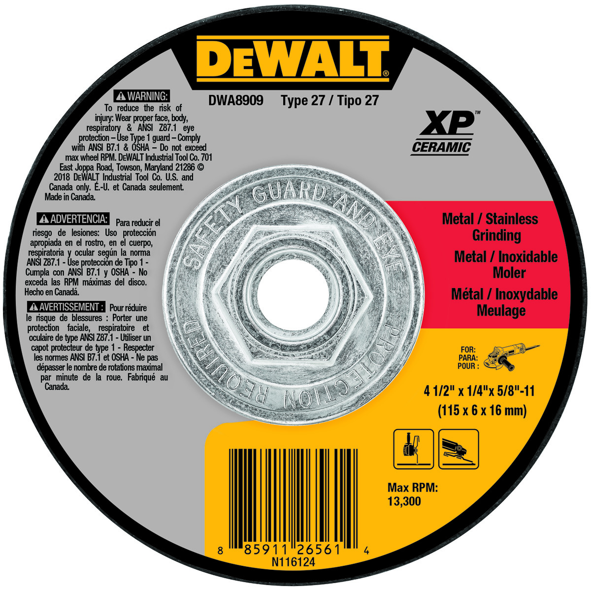 DeWALT® XP® DWA8909 Depressed Center Wheel, 4-1/2 in Dia x 1/8 in THK, SG24N Grit, Ceramic Abrasive