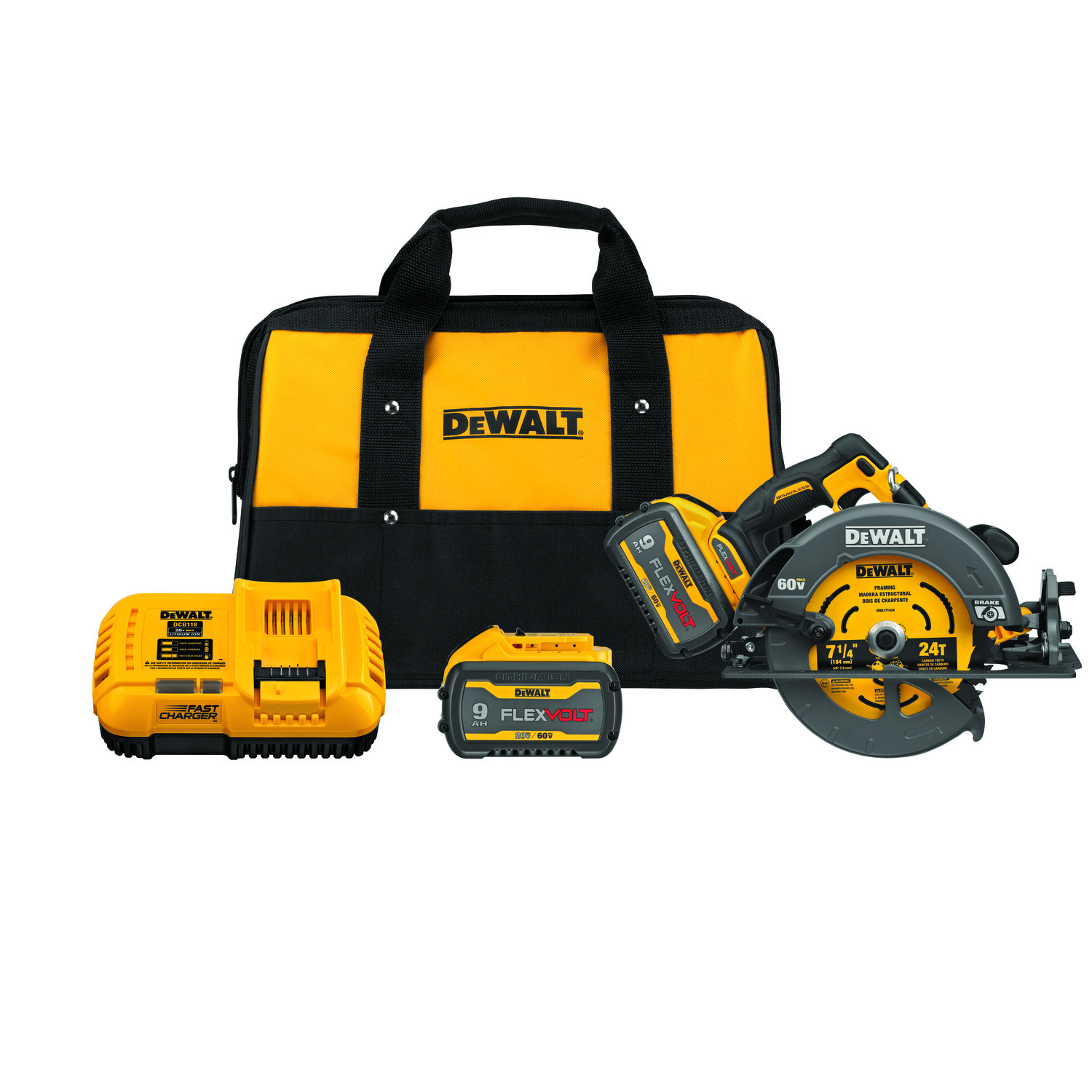 DeWALT® DCS578X2 Brushless Cordless Circular Saw With Brake Kit, 7-1/4 in Blade, 5/8 in Arbor/Shank, 60 VDC, 2 in, 2-9/16 in D Cutting, Li-Ion Battery, Right Blade Side