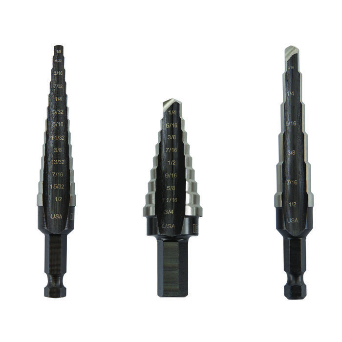 Irwin® Unibit® 10502ZR General Purpose Step Drill Set, #1 Min Drill Bit, #3 Max Drill Bit, 3 Pieces, For Use With Metal Drilling, HSS