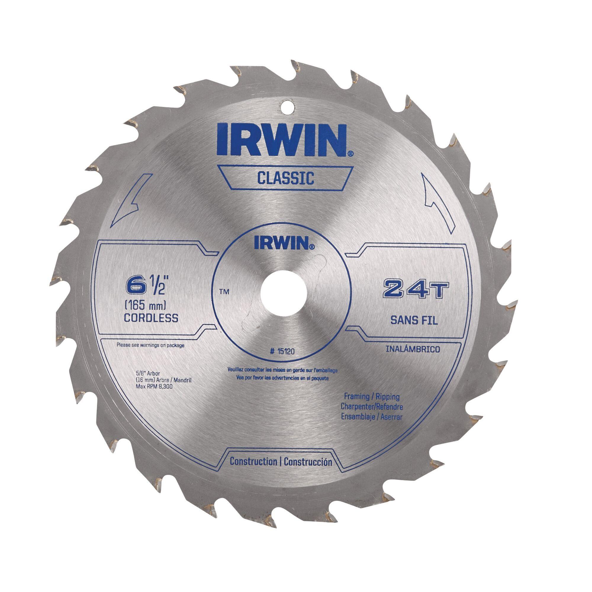 Irwin® 15120 Combination Circular Saw Blade, 6-1/2 in Dia x 0.055 in THK, 5/8 in Arbor, Steel Blade, 24 Teeth