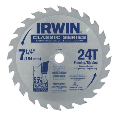 Irwin® Classic® 15130 Corded Portable Circular Saw Blade, 7-1/4 in Dia x 0.06 in THK, 5/8 in Arbor, 24 Teeth