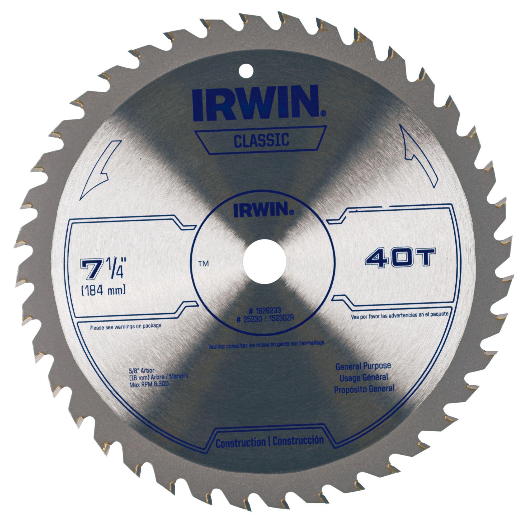 Irwin® Classic® 15230ZR Corded Portable Circular Saw Blade, 7-1/4 in Dia x 0.055 in THK, 5/8 in Arbor, 40 Teeth