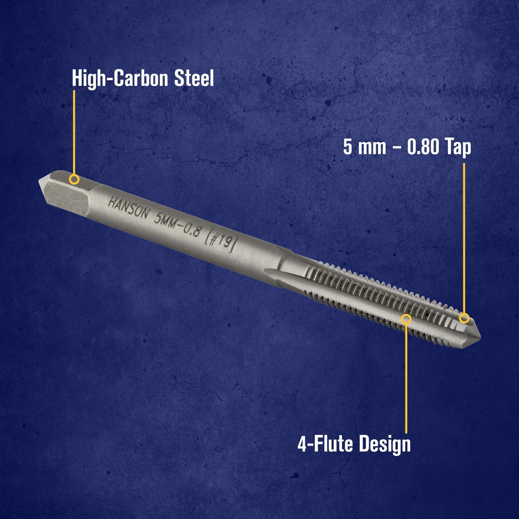 Irwin® Hanson® 8322ZR Straight Flute Tap, Right Hand Cutting, M5x0.8 Thread, Plug Chamfer, (4) Flutes, High Carbon Steel