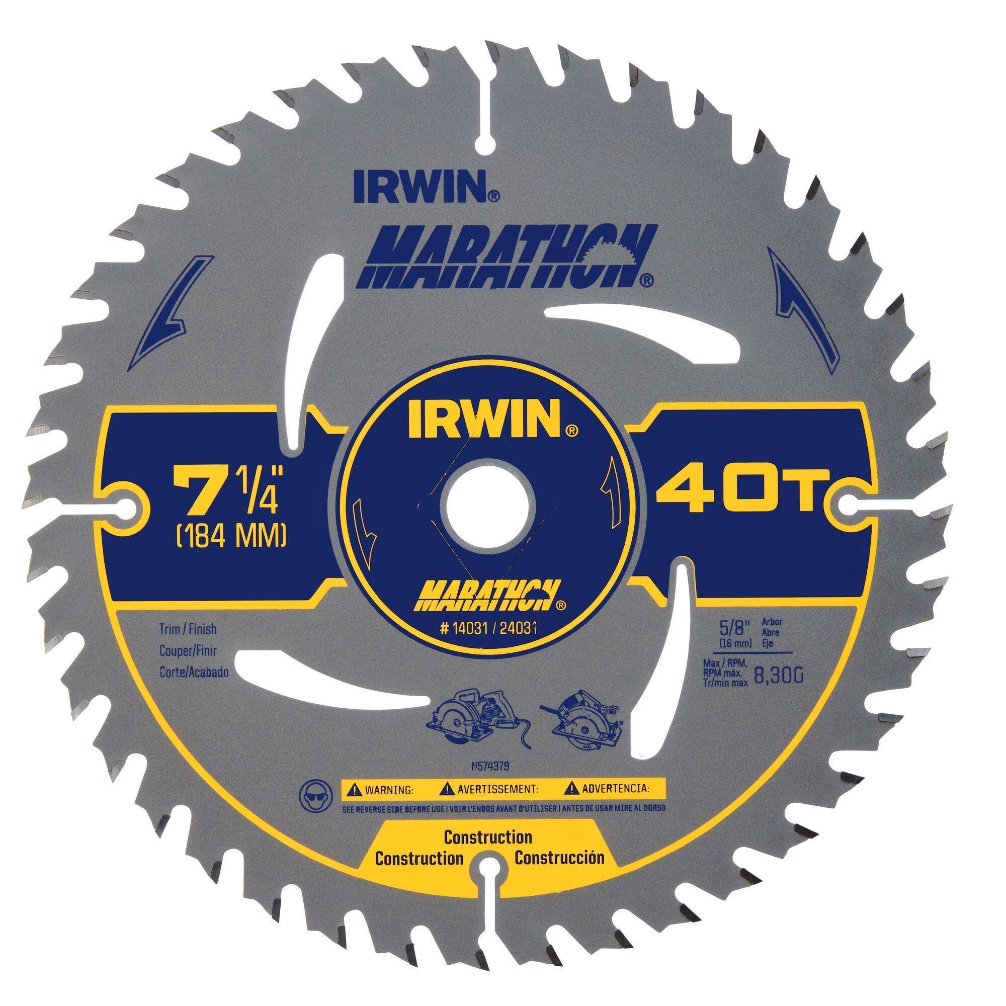 Irwin® Marathon® 14031 Construction Series Corded Portable Circular Saw Blade, 7-1/4 in Dia x 0.047 in THK, 5/8 in Arbor, 40 Teeth
