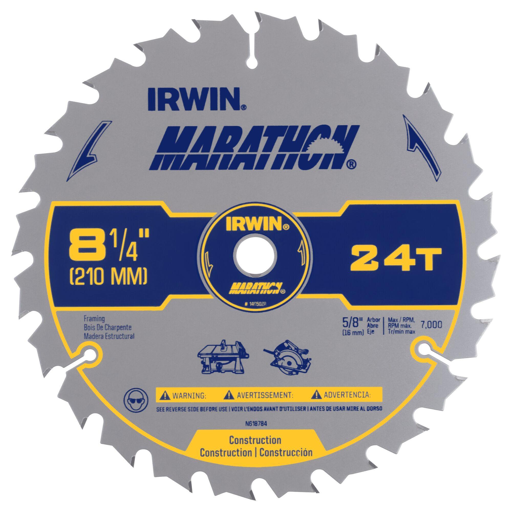 Irwin® Marathon® 14050ZR Construction Series General Purpose Miter/Table Universal Circular Saw Blade, 8-1/4 in Dia x 0.055 in THK, 5/8 in Arbor, 24 Teeth