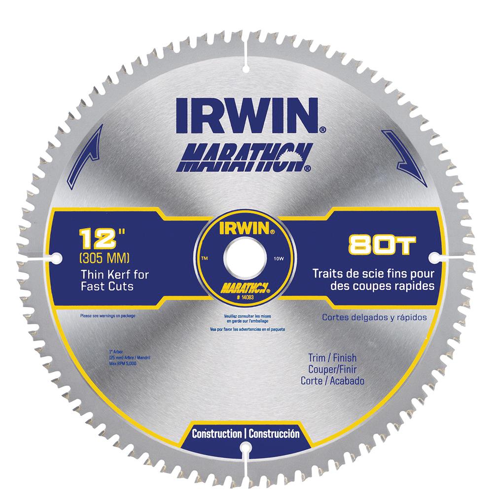 Irwin® Marathon® 14083 Construction Series Miter/Table Circular Saw Blade, 12 in Dia x 0.071 in THK, 1 in Arbor, Steel Blade, 80 Teeth