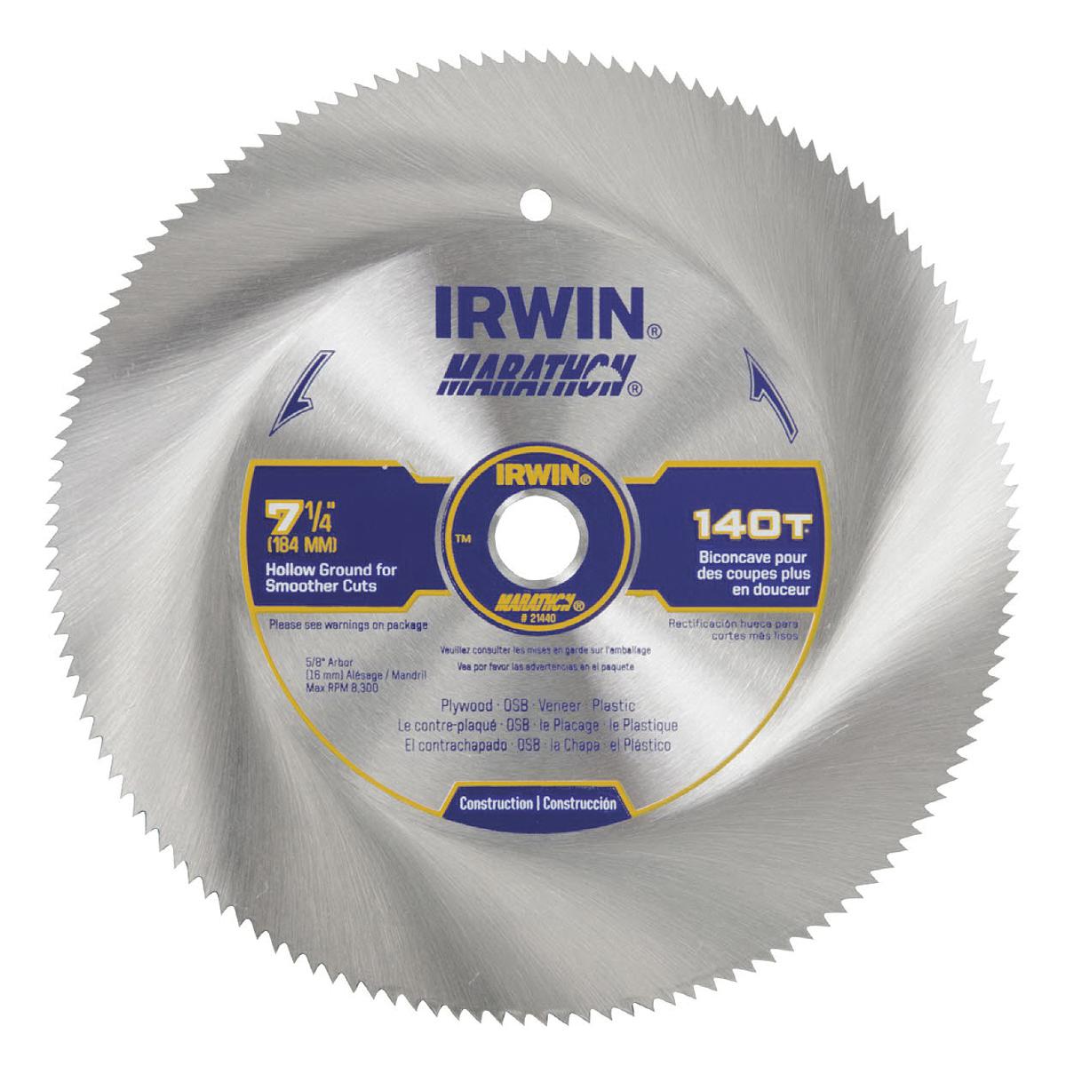 Irwin® Marathon® 21440PTL Classic Series Hollow Ground Non-Carbide Portable Corded Circular Saw Blade, 7-1/4 in Dia, 5/8 in Arbor, 150 Teeth