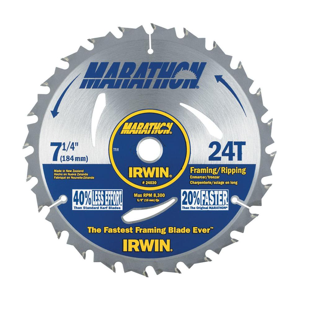 Irwin® Marathon® 24030 Construction Series Portable Corded Circular Saw Blade, 7-1/4 in Dia x 0.047 in THK, 5/8 in Arbor, 24 Teeth