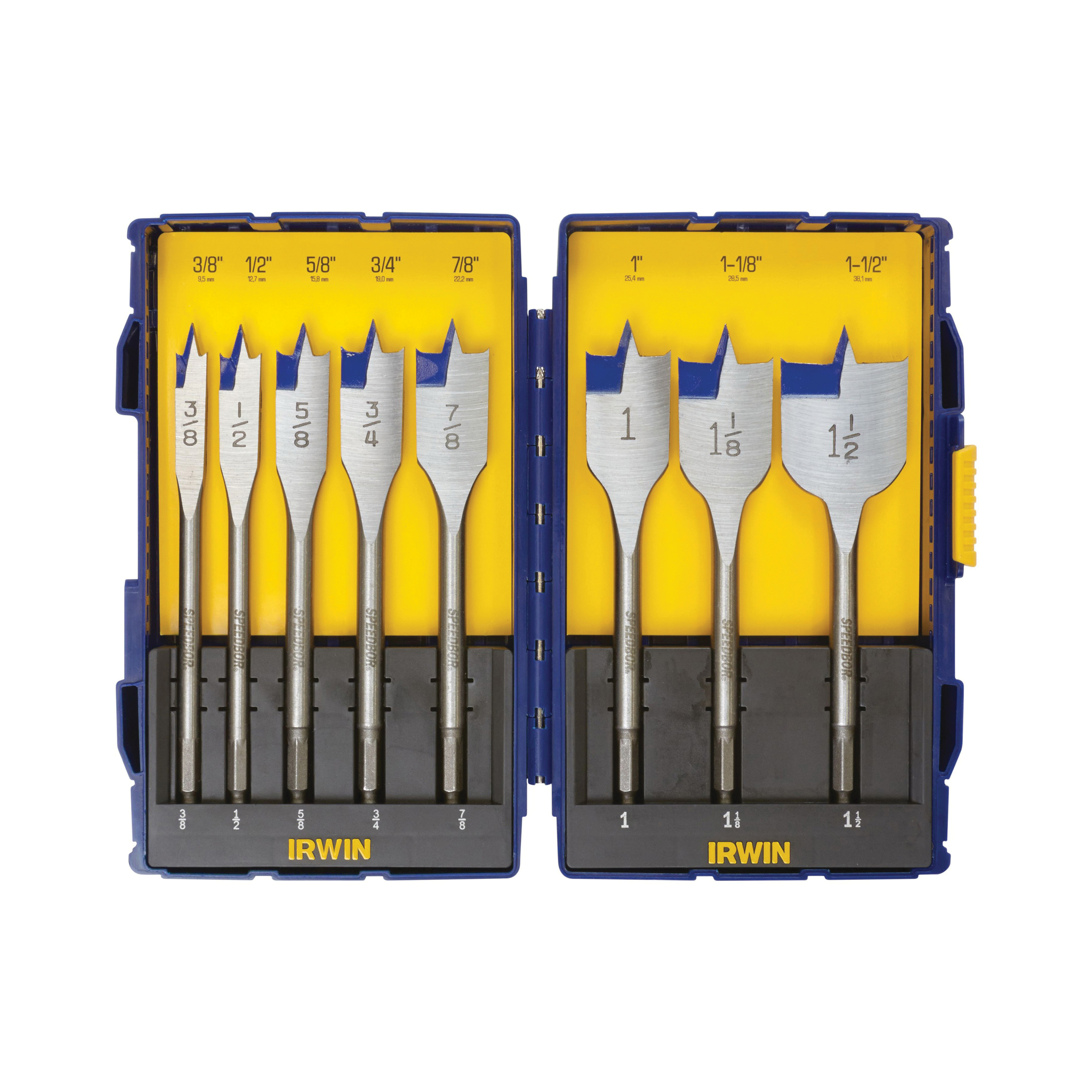 Irwin® Speedbor® Blue-Groove™ 341008 Standard Length Spade Bit Set, 3/8 in Min Drill Bit, 1-1/2 in Max Drill Bit, 8 Pieces, HSS, Bright