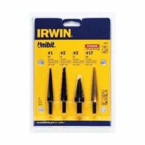 Irwin® Unibit® 10228 General Purpose Step Drill Set, #3 Min Drill Bit, #1 Max Drill Bit, 4 Pieces, HSS, TiN Coated