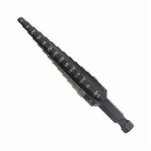 Irwin® Unibit® 11101CB Step Drill Bit, 4 mm Dia Min Hole, 12 mm Dia Max Hole, 9 Steps, M35 HSS-Co 5, 9 Hole Sizes, 1/4 in Shank