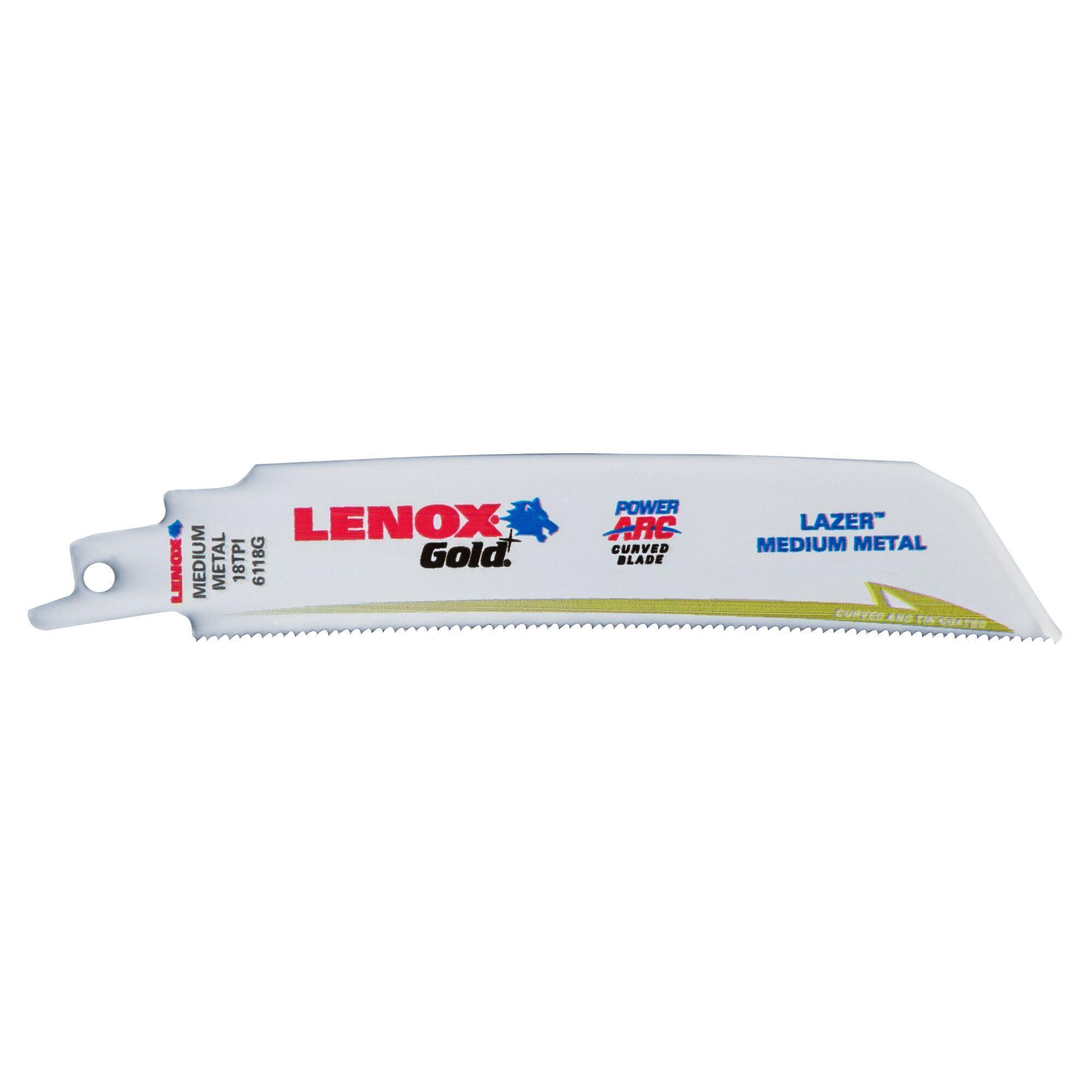 Lenox® Gold® Lazer® 21227B6118GR Power Arc Curved Reciprocating Saw Blade, 6 in L x 1 in W, 18 TPI, Flexible Steel Body, Universal/Toothed Edge Tang