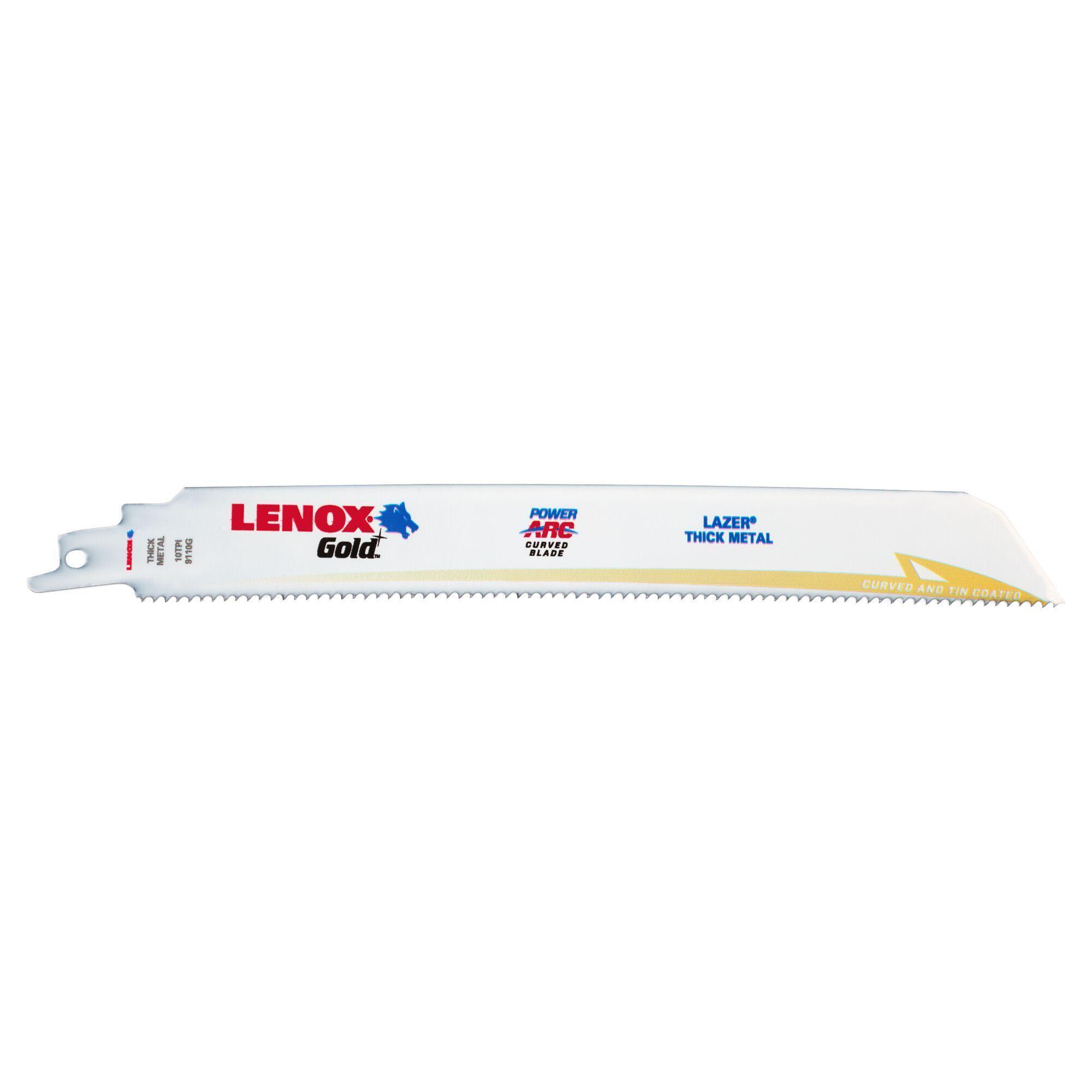 Lenox® Gold® Lazer® 21229B9110GR Power Arc Curved Reciprocating Saw Blade, 9 in L x 1 in W, 10, Flexible Steel Body, Universal/Toothed Edge Tang