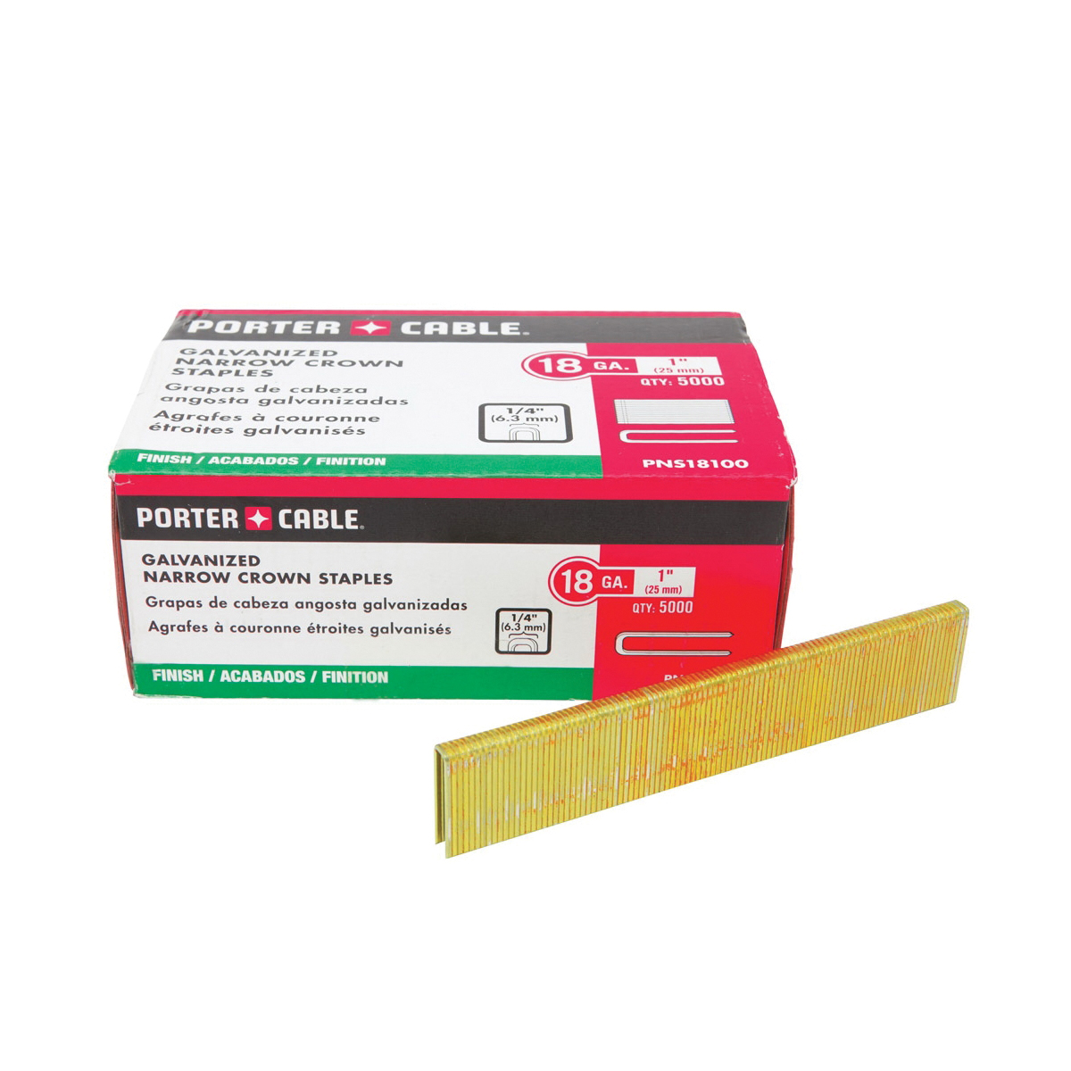Porter-Cable® PNS18100 Narrow Crown Staples, 1 in L Leg, Chisel Point, Grade 2 Steel, 1/4 in W Crown