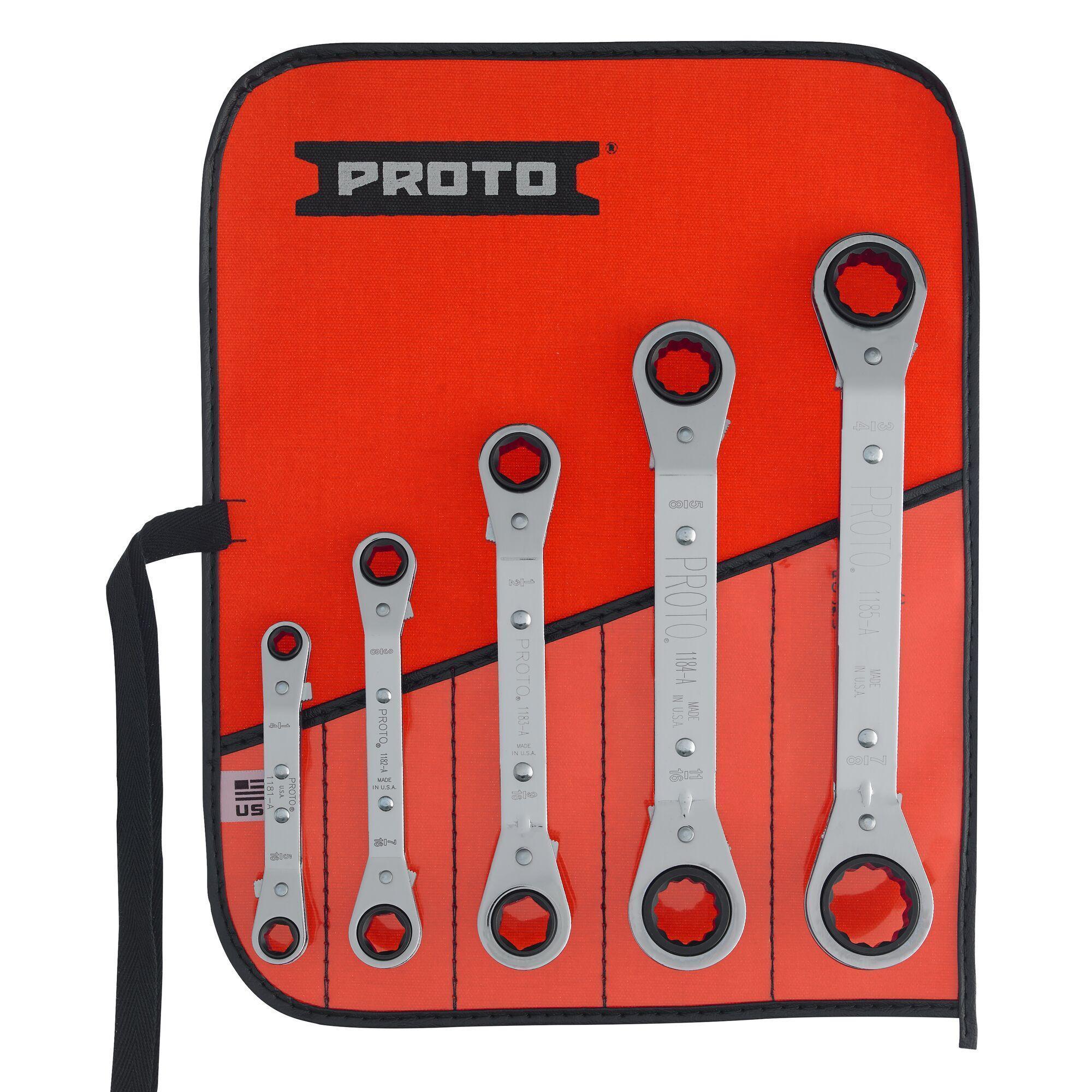 Proto® J1180A Ratcheting Reversible Box End Wrench Set, Imperial, 5 Pieces, 1/4 x 5/16 to 3/4 x 7/8 in, Full Polished