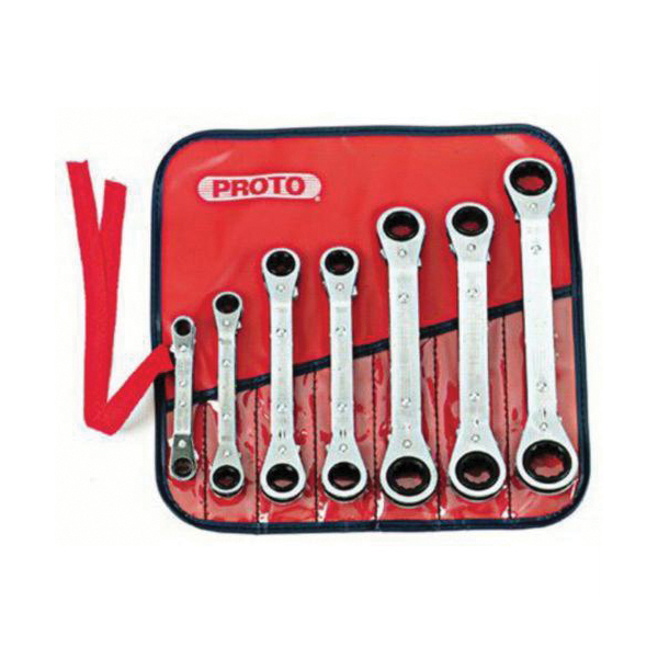 Proto® J1180MA Ratcheting Reversible Offset Double Box End Wrench Set, Metric, 7 Pieces, 7 x 8 to 19 x 21 mm, Full Polished