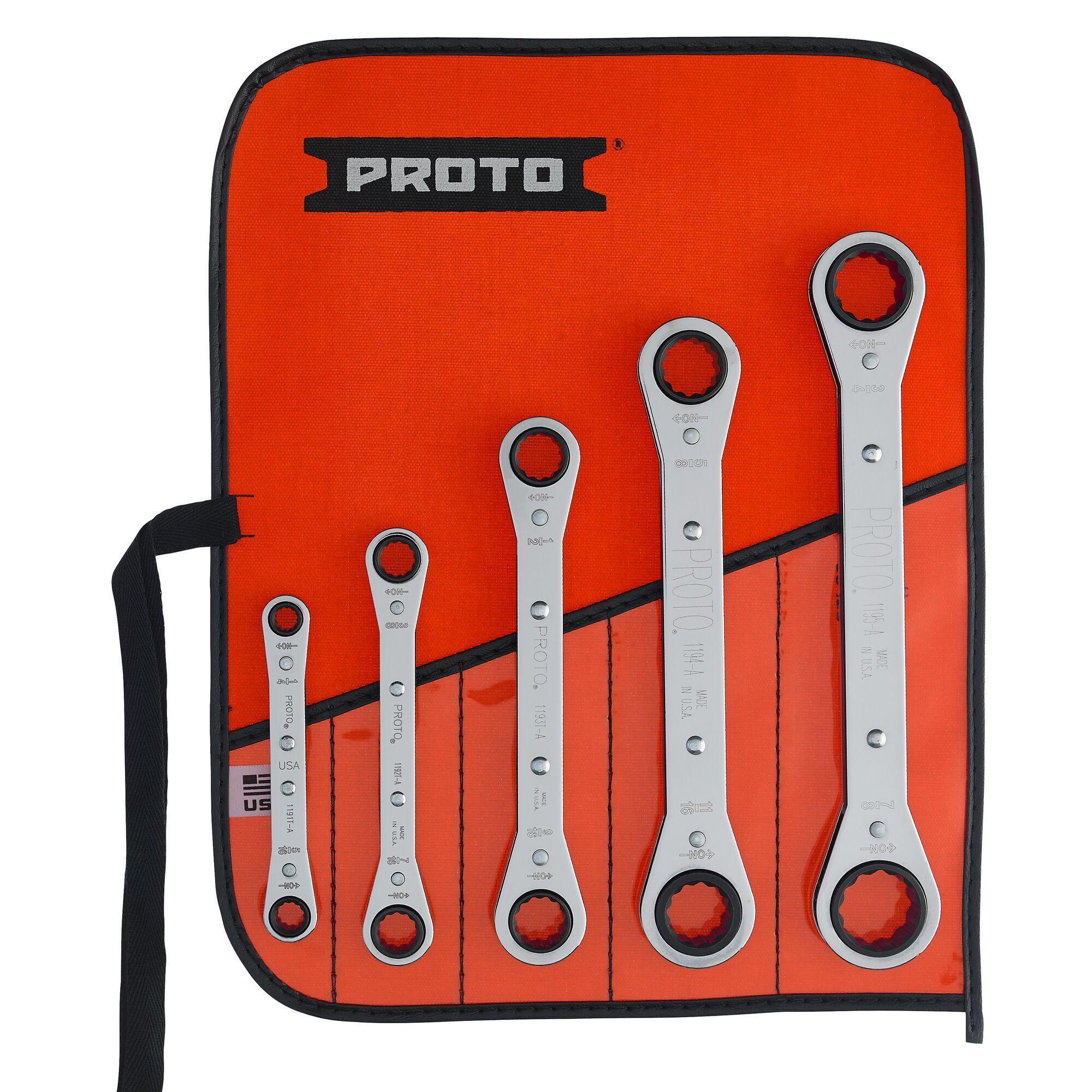 Proto® J1190A Ratcheting Box End Wrench Set, Imperial, 5 Pieces, 1/4 x 5/16 to 3/4 x 7/8 in, Full Polished