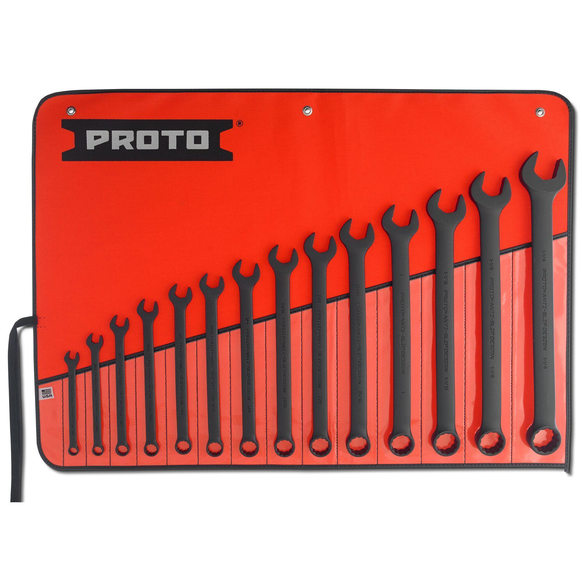 Proto® TorquePlus™ J1200FBASD Anti-Slip Design Combination Wrench Set, Imperial, 14 Pieces, 3/8 to 1-1/4 in, Black Oxide