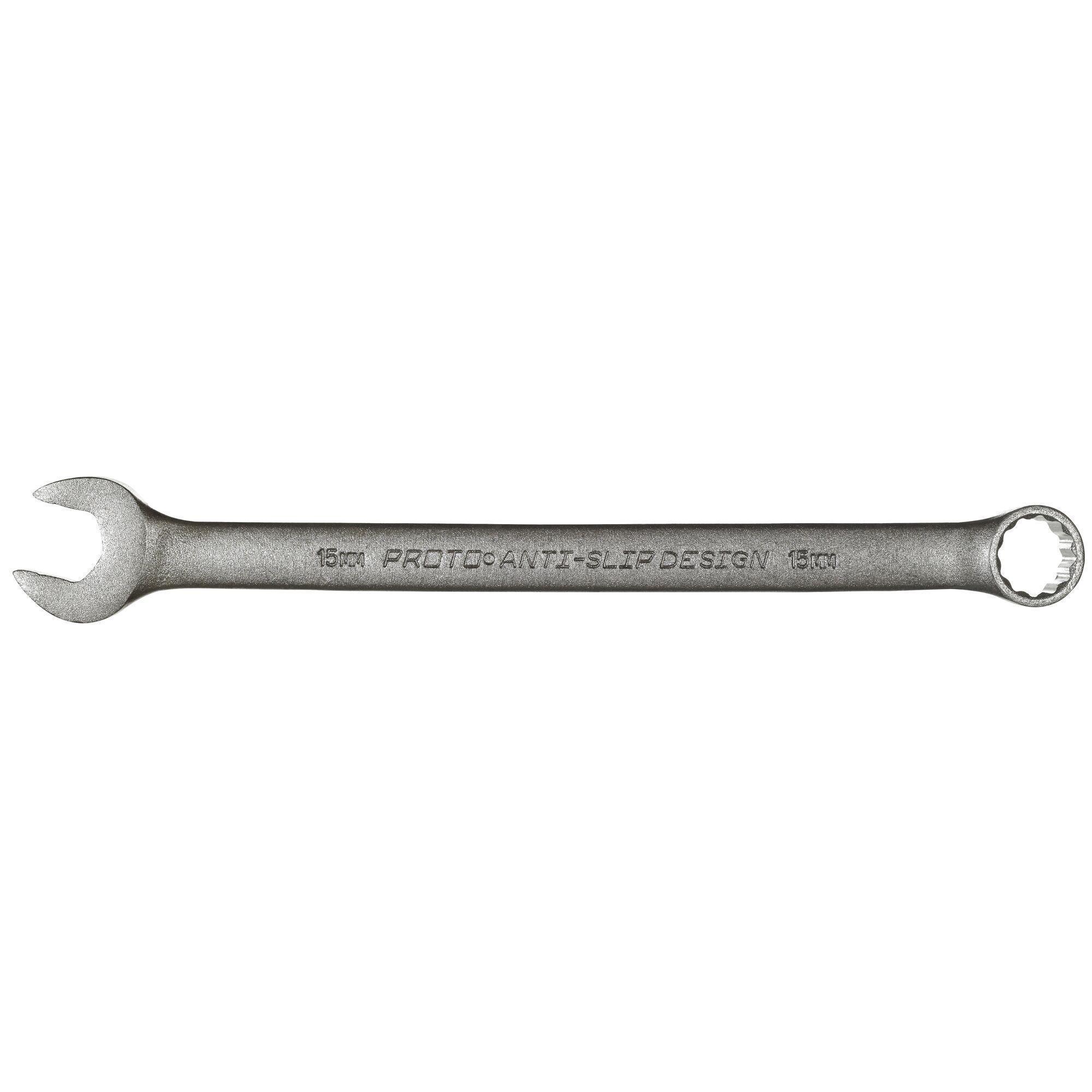Proto® TorquePlus™ ProtoBlack™ J1215MBASD Anti-Slip Design Combination Wrench, Metric, 15 mm, 12 Points, 15 deg Offset, 232.4 mm OAL, Alloy Steel, Black Oxide, ASME B107.100