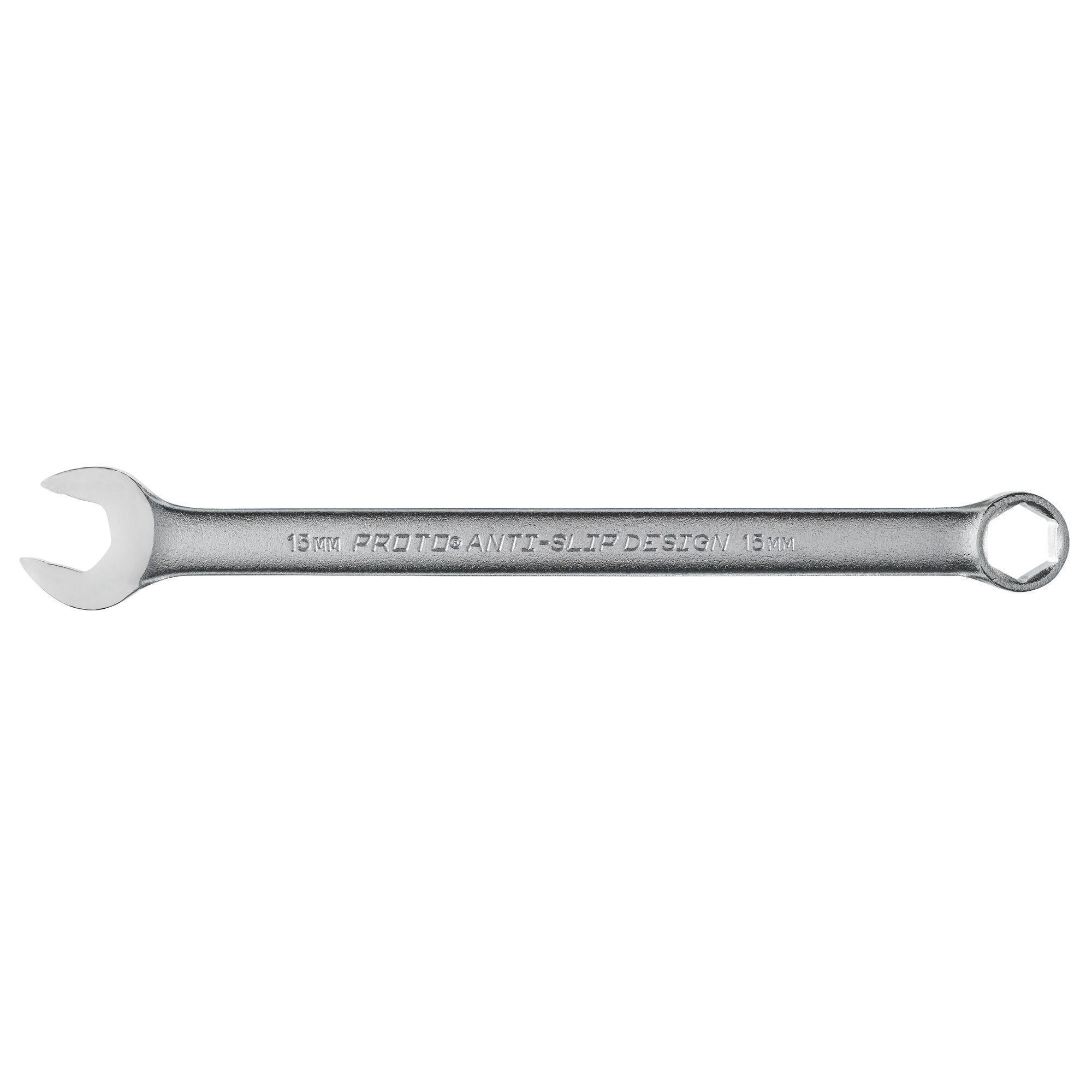 Proto® TorquePlus™ J1215MHASD Anti-Slip Design Combination Wrench, Metric, 15 mm, 6 Points, 15 deg Offset, 232.4 mm OAL, Alloy Steel, Satin, ASME B107.100