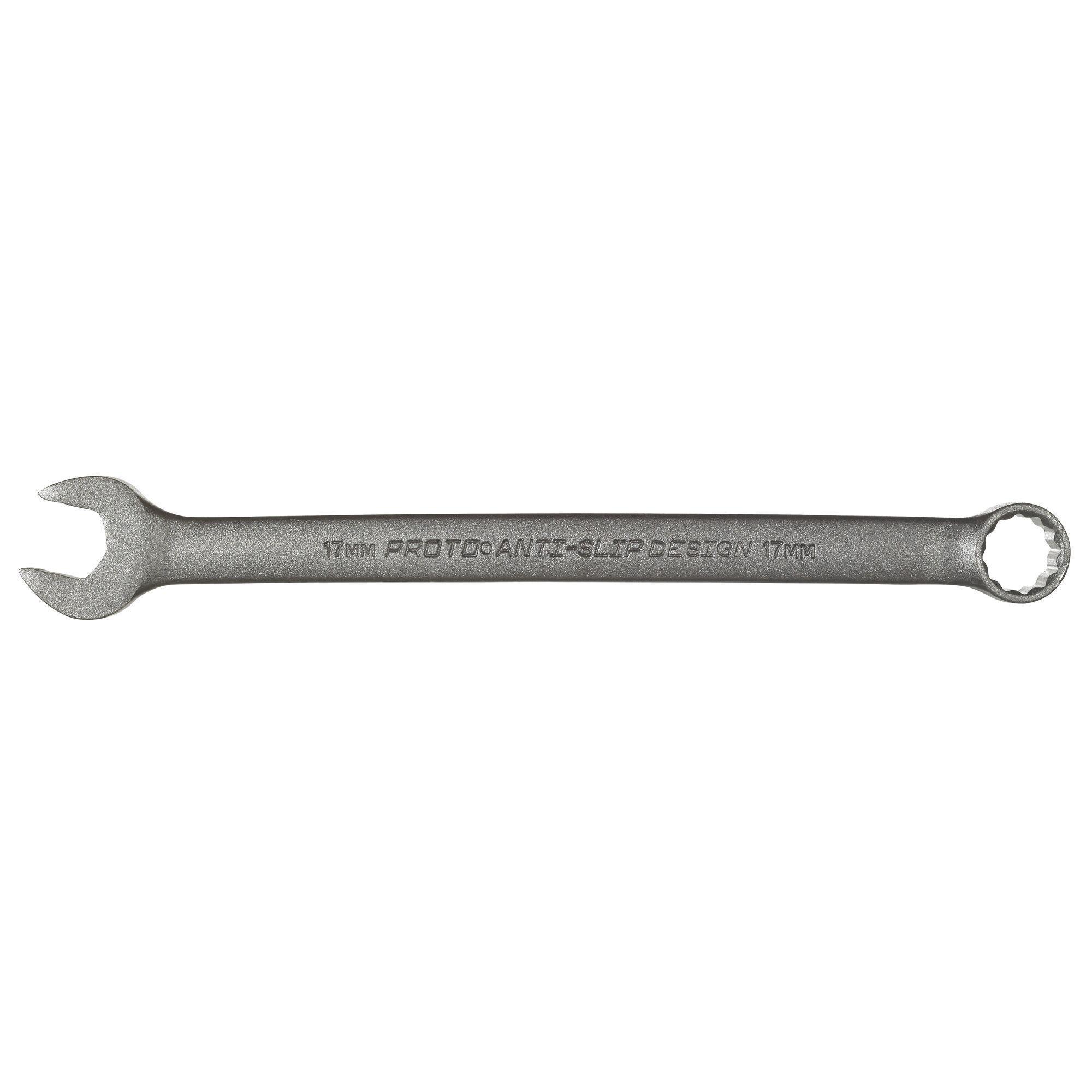 Proto® TorquePlus™ ProtoBlack™ J1217MBASD Anti-Slip Design Combination Wrench, Metric, 17 mm, 12 Points, 15 deg Offset, 261.3 mm OAL, Alloy Steel, Black Oxide, ASME B107.100