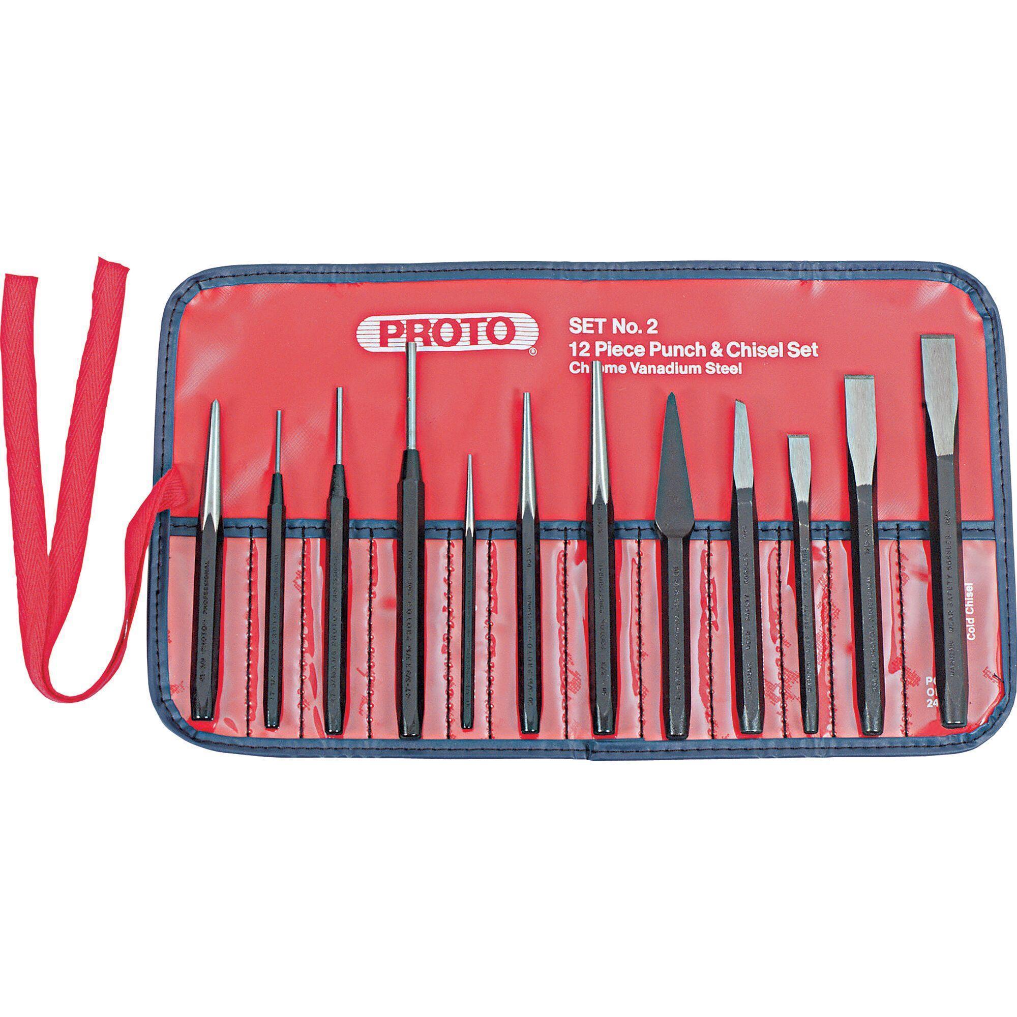 Proto® J2 Punch and Chisel Set, Cape/Center/Cold/Diamond Point/Pin/Starting Style, 3/16 to 1/2 in Chisel, 1/16 to 3/8 in Punch, 7 Punches, 5 Chisels, 12 Pieces