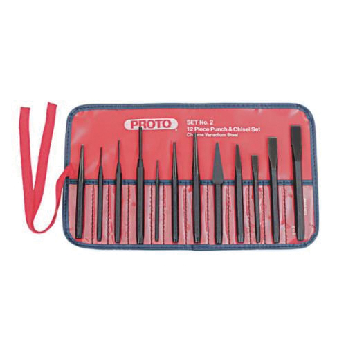 Proto® J2S2 Punch and Chisel Set, Cape/Center/Cold/Diamond Point/Pin/Starting Style, 3/16 to 1/2 in Chisel, 1/16 to 3/8 in Punch, 7 Punches, 5 Chisels, 12 Pieces
