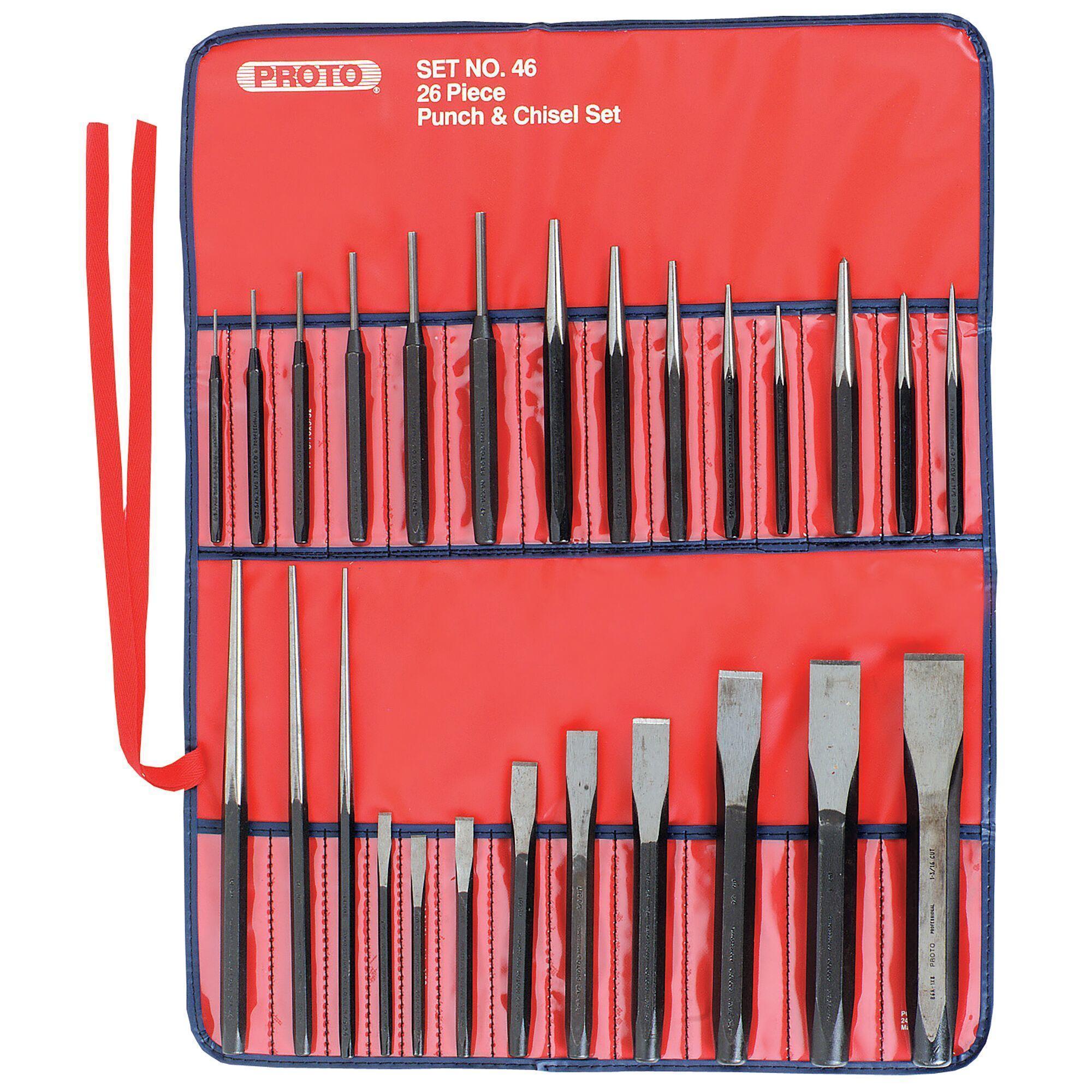 Proto® J46 Punch and Chisel Set, Center/Cold/Drift/Drive Pin/Starting Style, 1/4 to 1-3/36 in Chisel, 3/32 to 1/4 in Punch, 17 Punches, 9 Chisels, 26 Pieces