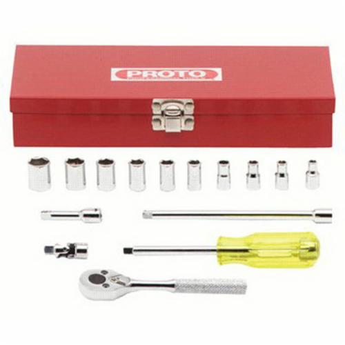 Proto® TorquePlus™ J47112 Combination Socket Set, ASME B107.1/B107.500, 6 Points, 1/4 in Drive, 15 Pieces, Included Socket Size: 3/16 to 9/16 in, Metal Tool Box Container
