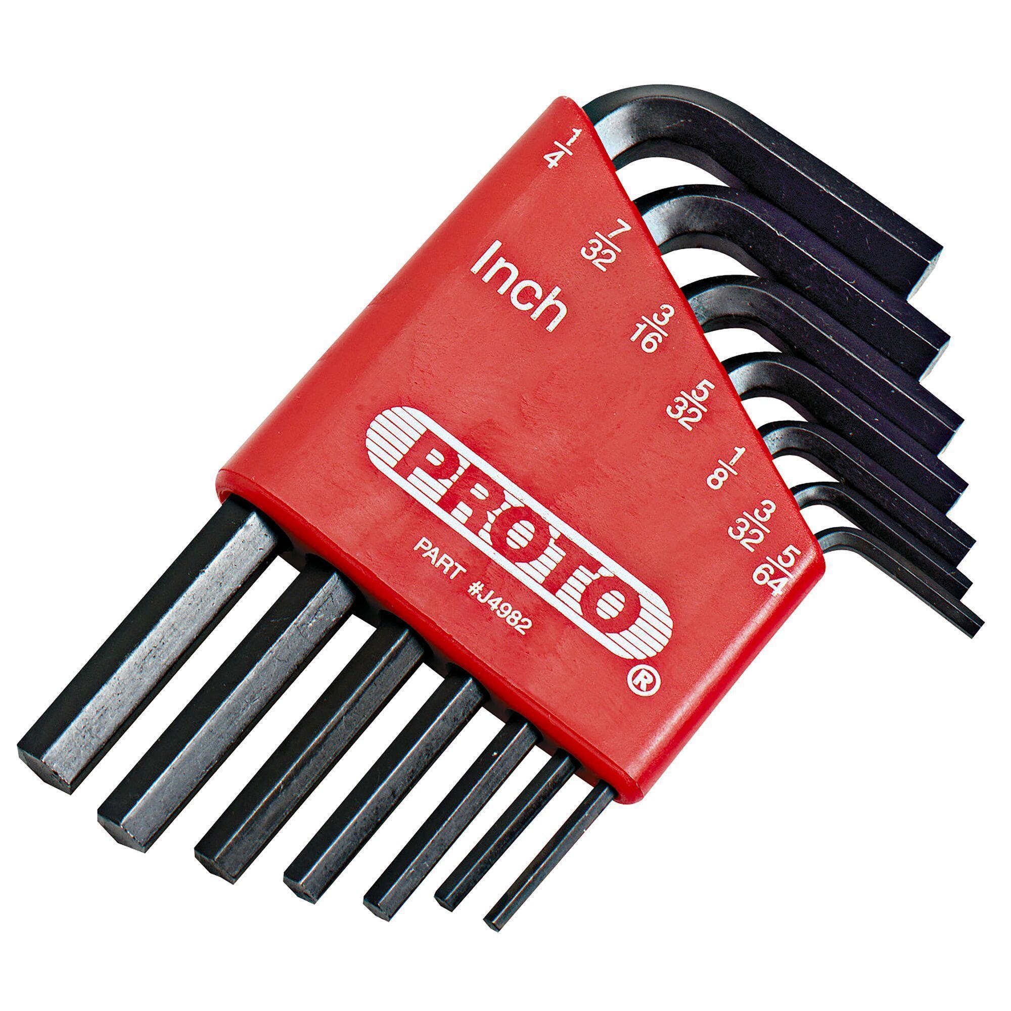 Proto® J4982 Short Arm Hex Key Set, 7 Pieces, 5/64 to 1/4 in Hex, L-Handle Handle, ASME B18.3, Alloy Steel, Black Oxide