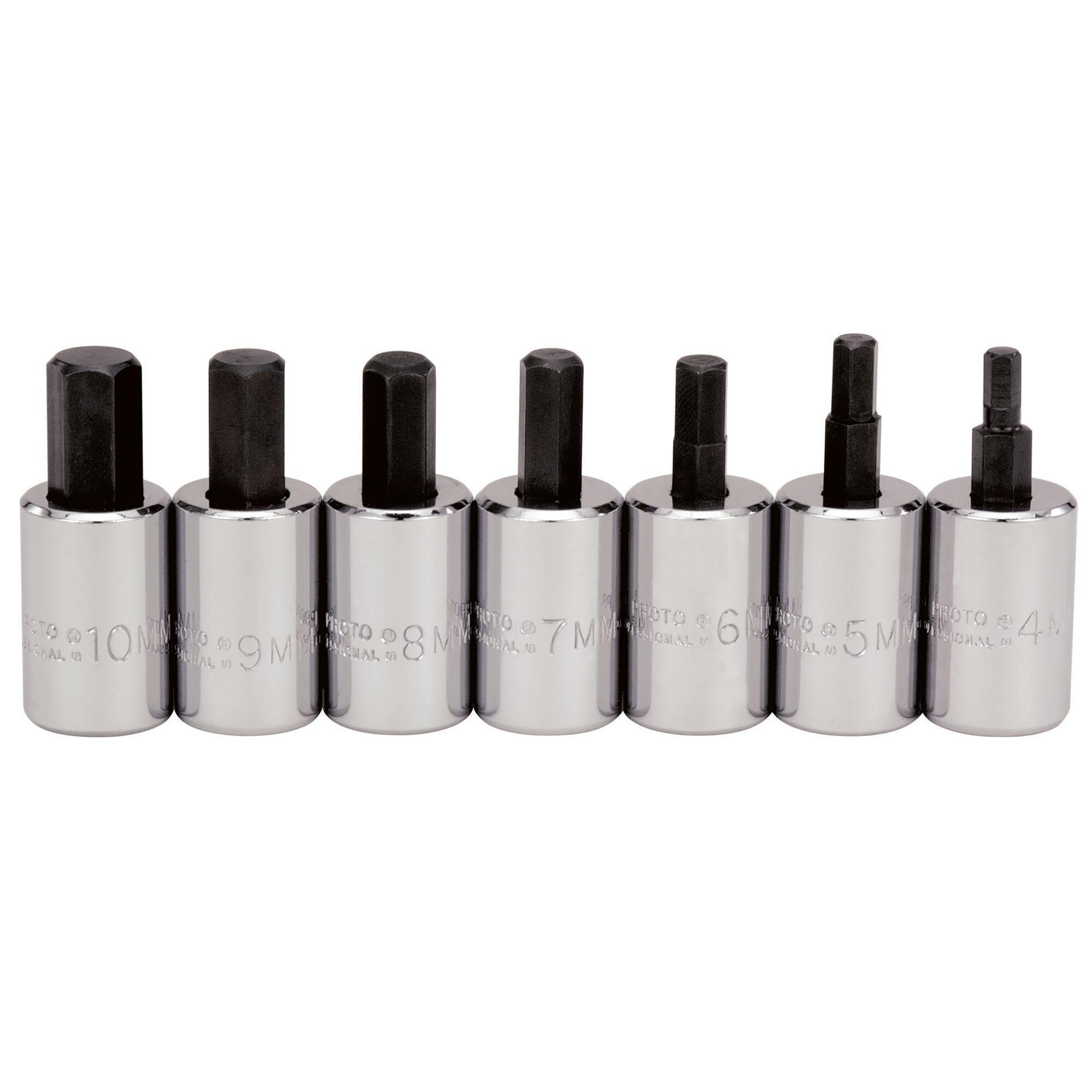 Proto® J4990-MST Socket Bit Set, Metric, 4 to 10 mm Hex, 3/8 in Drive, 7 Pieces, Full Polished