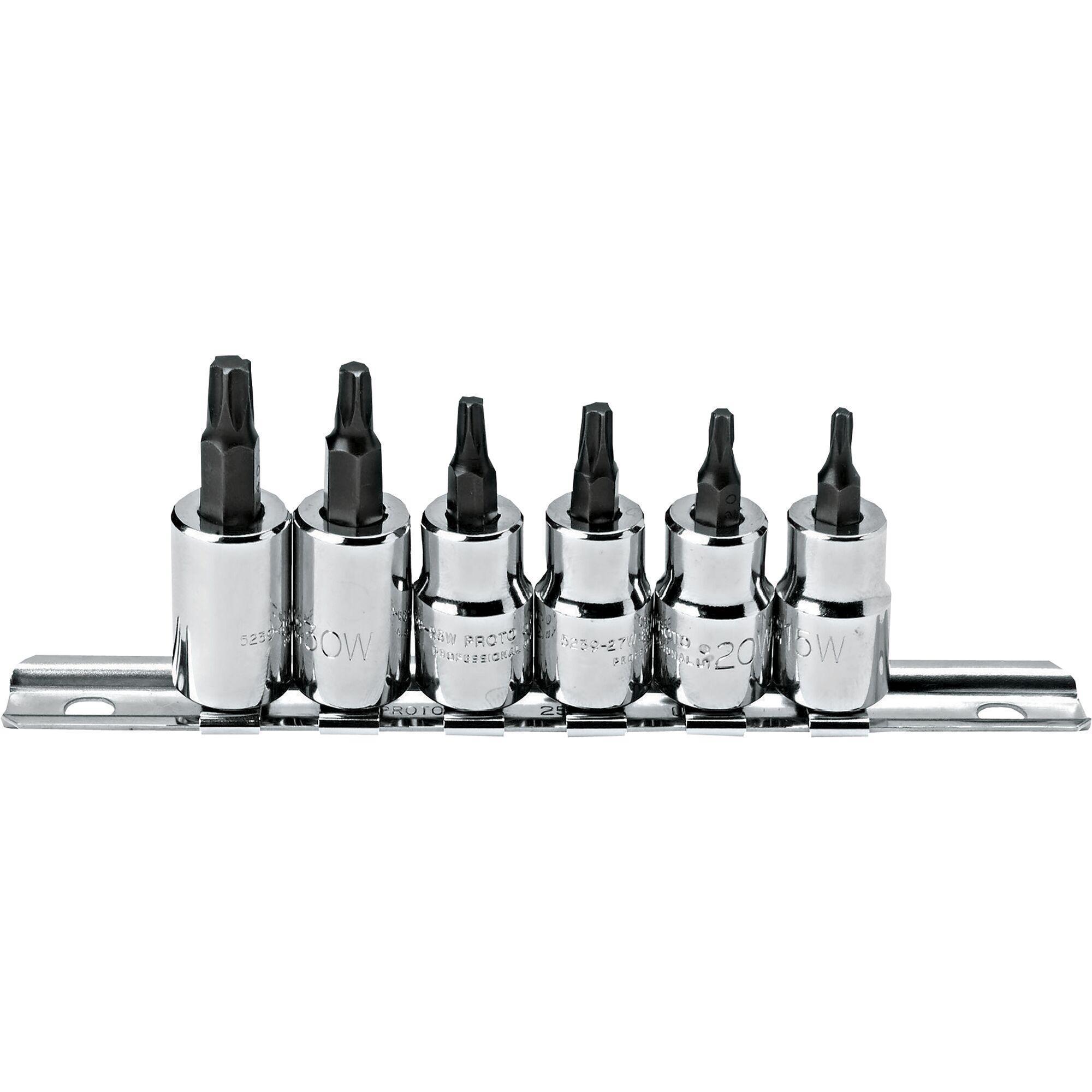 Proto® J5238C Socket Bit Set, 3/8 in Drive, T15 to T40 Torx, 6 Pieces, Full Polished