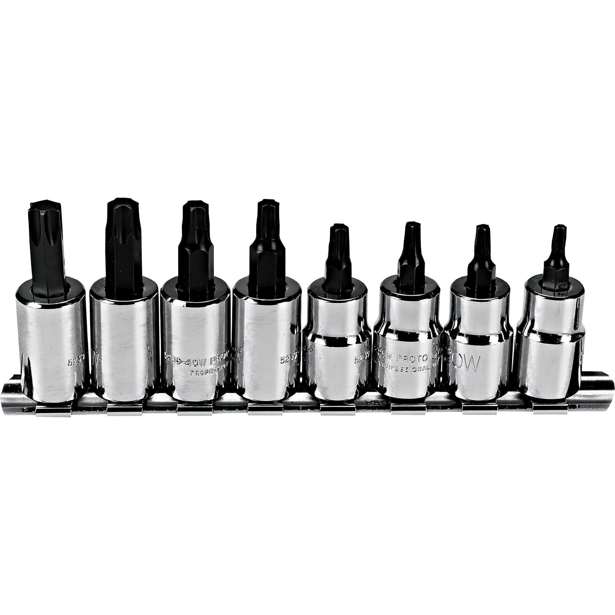 Proto® J5239C Socket Bit Set, 3/8 in Drive, T15 to T50 Torx, 8 Pieces, Full Polished