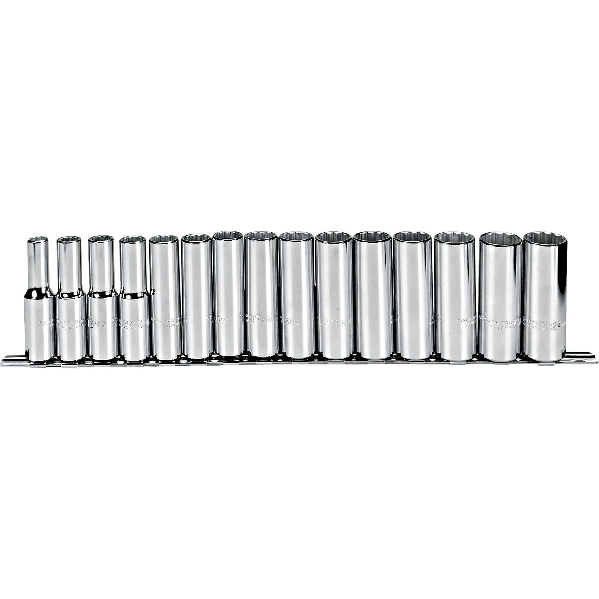 Proto® TorquePlus™ J54207 Deep Socket Set, ASME B107.5M, 12 Points, 1/2 in Drive, 15 Pieces, Included Socket Size: 10 to 24 mm