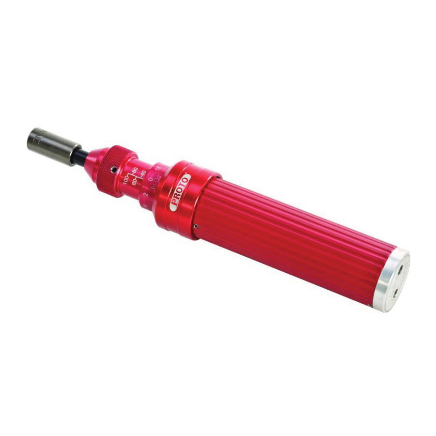 Proto® J6104ACERT Adjustable Heavy Duty Torque Screwdriver, 1/4 in Drive, 6-1/2 in OAL, 20 to 100 in-oz, +/-4 % Accuracy, 100 in-oz, ASME B107.14M, Aircraft Grade Aluminum
