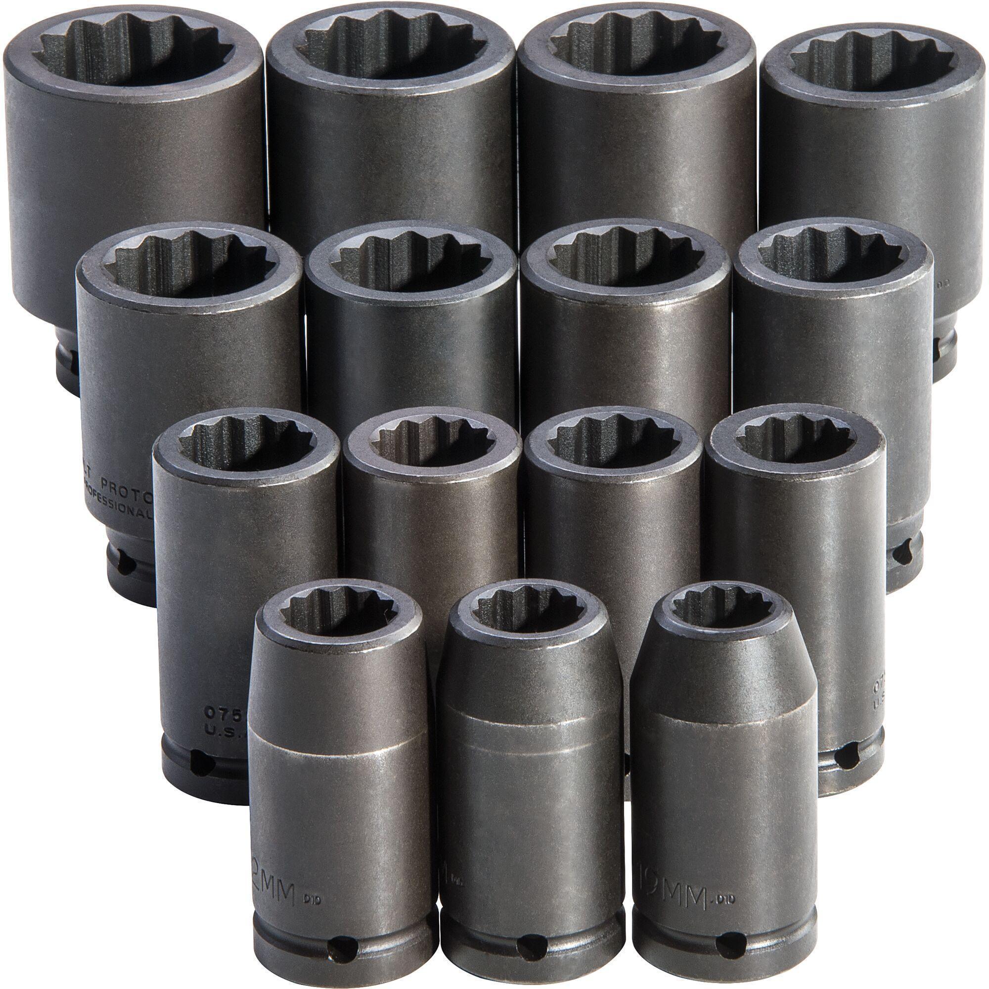 Proto® TorquePlus™ J72104M Impact Socket Set, ASME B107.110, 12 Points, 3/4 in Drive, 15 Pieces, Included Socket Size: 19 to 43 mm