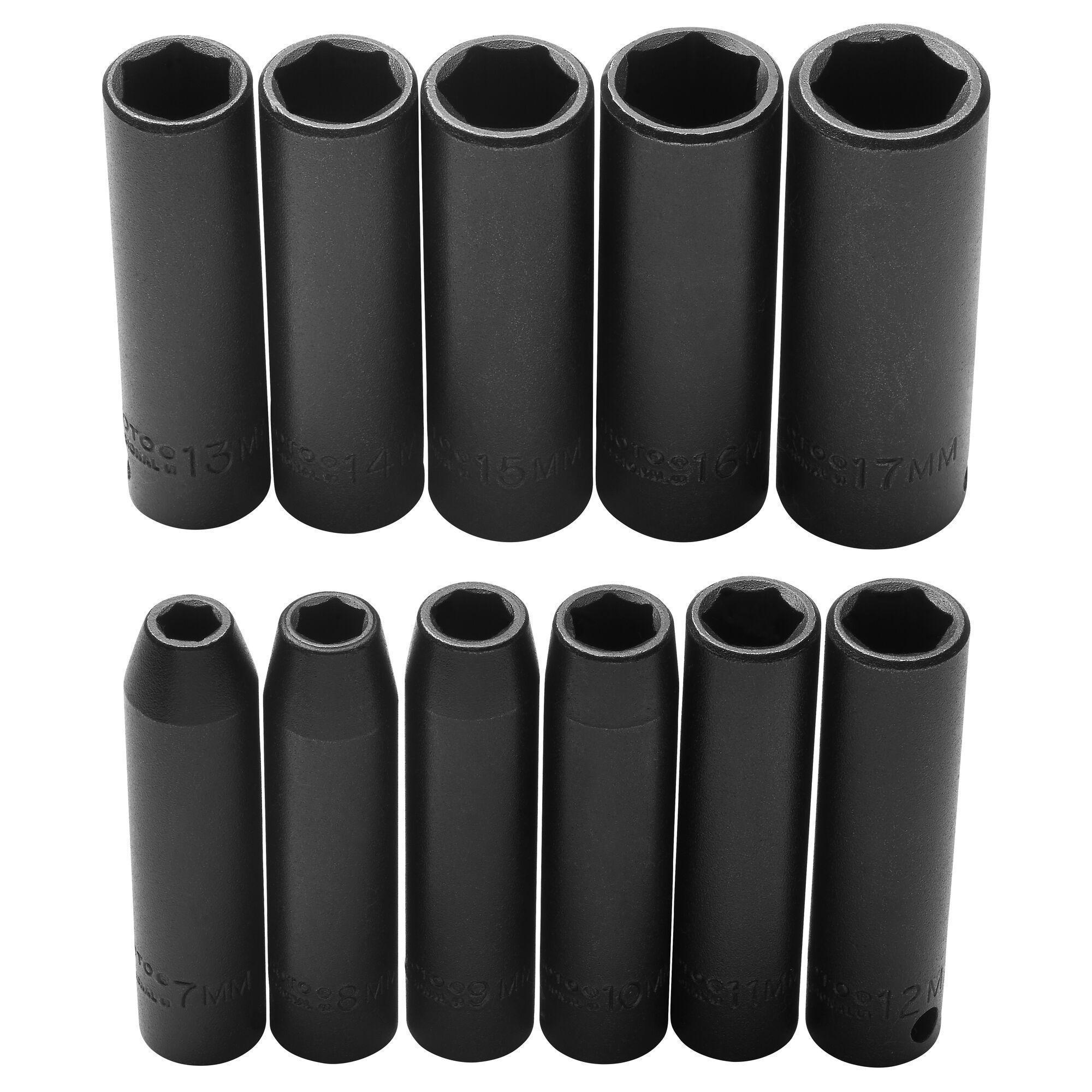 Proto® TorquePlus™ J72212 Deep Socket Set, ASME B107.33M, 6 Points, 3/8 in Drive, 11 Pieces, Included Socket Size: 7 to 17 mm