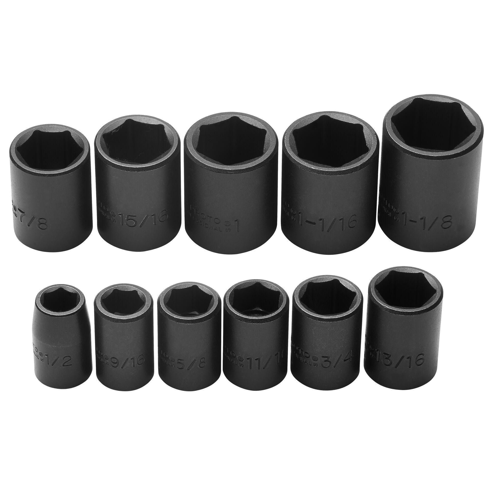 Proto® TorquePlus™ J74102 Deep Socket Set, ASME B107.2, 6 Points, 1/2 in Drive, 11 Pieces, Included Socket Size: 1/2 to 1-1/8 in