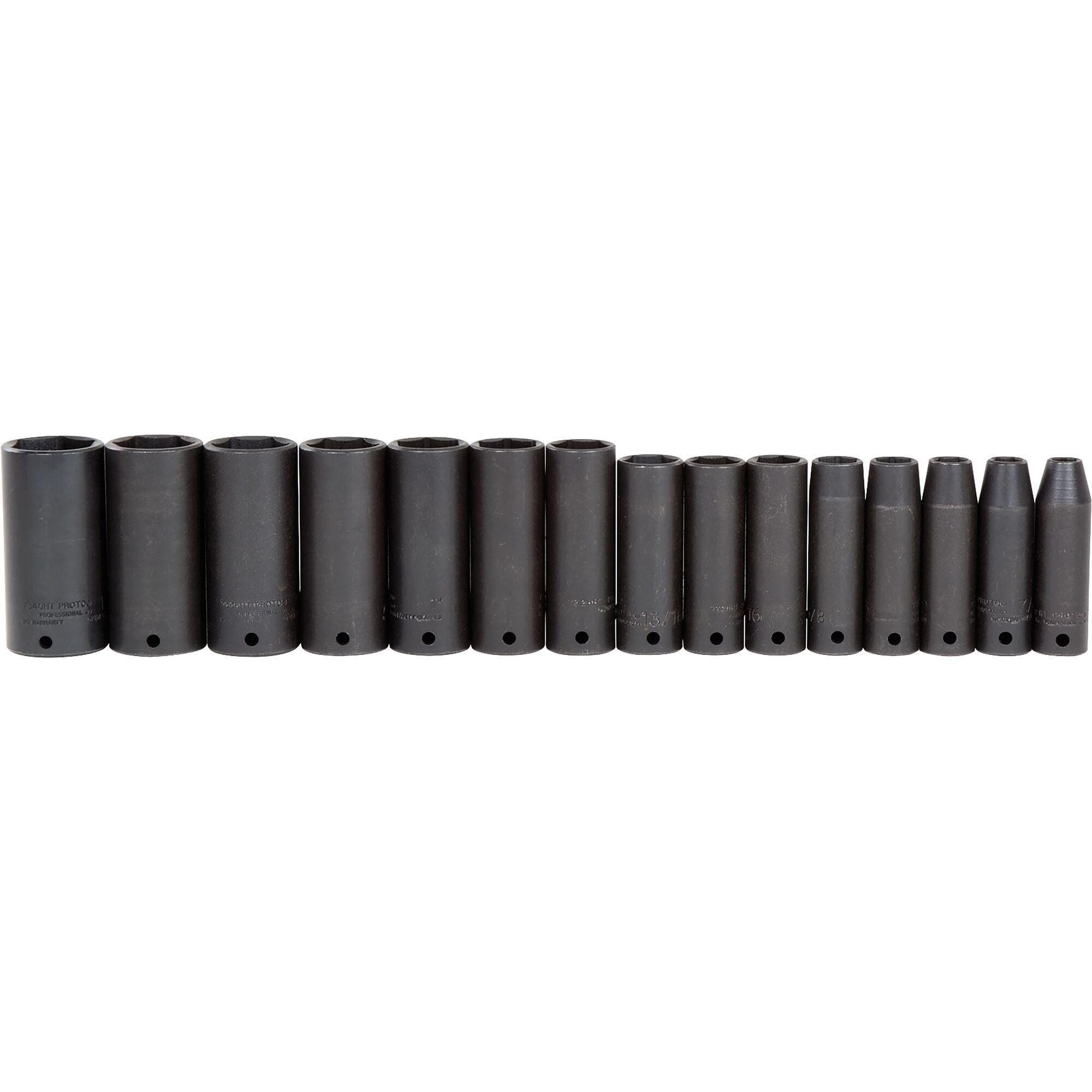 Proto® TorquePlus™ J74117 Deep Thin Wall Socket Set, ASME B107.2, 6 Points, 1/2 in Drive, 15 Pieces, Included Socket Size: 3/8 to 1-1/4 in