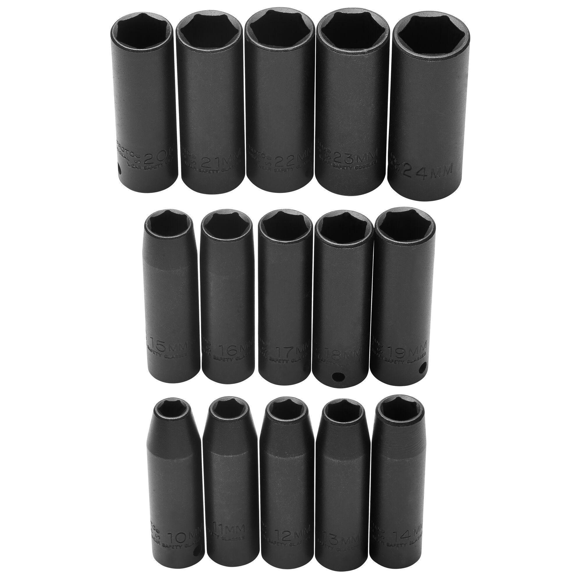 Proto® TorquePlus™ J74217 Deep Thin Wall Socket Set, Metric, 15 Pieces, Alloy Steel, Black Oxide