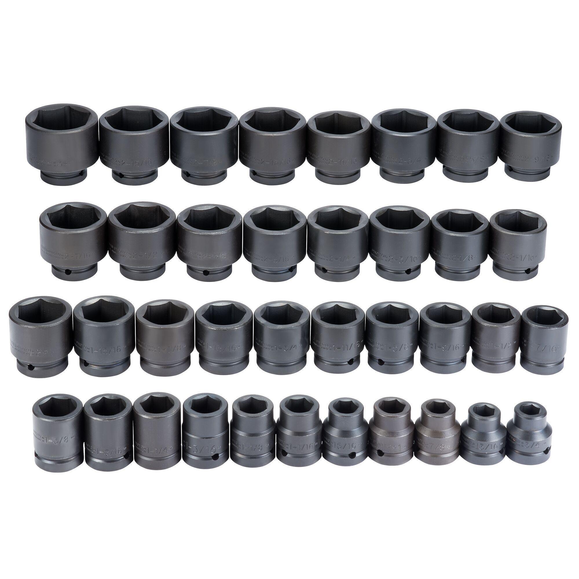 Proto® TorquePlus™ J76137 Impact Socket Set, ASME Specified, Imperial, 6 Points, 1 in Drive, 37 Pieces, Included Socket Size: 3/4 to 3 in
